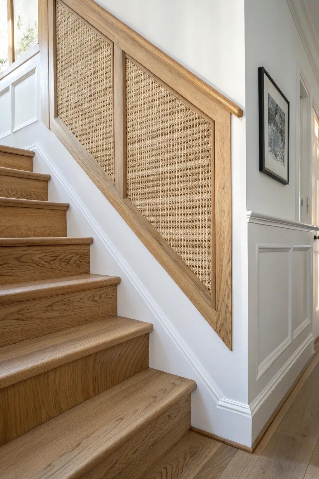 Oak stair trim panel with cane inset—soft boho texture meets clean Scandinavian lines.