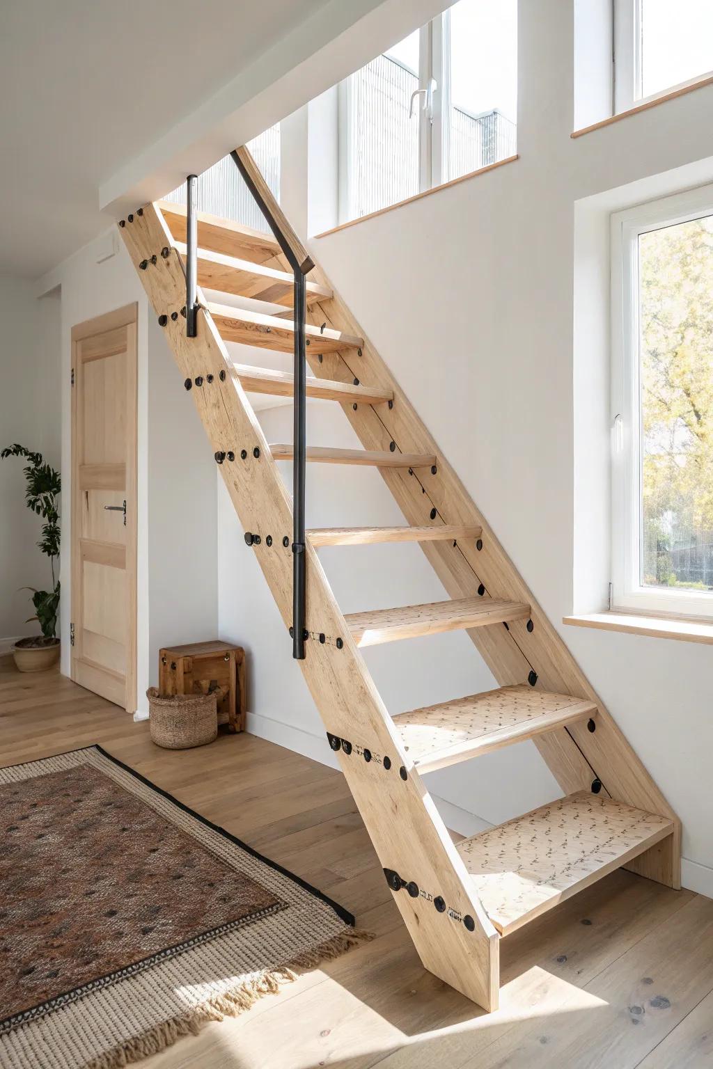 Flip-up loft stairs in light birch—minimal, space-saving, and beautifully crafted.