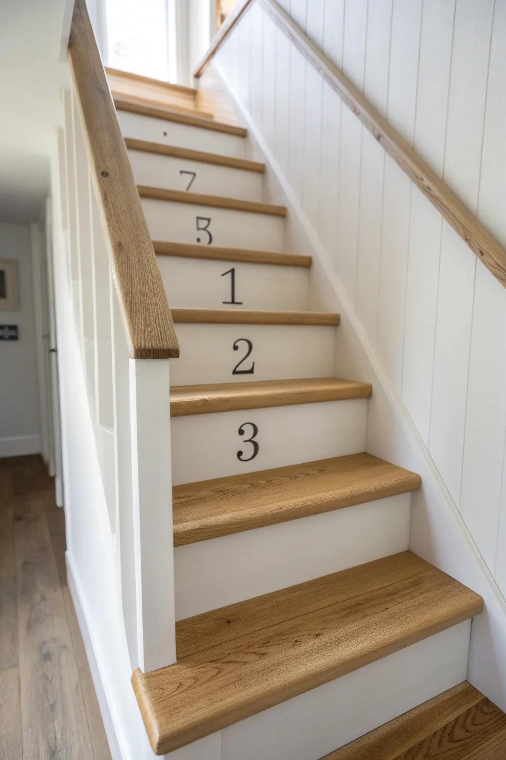 Subtle painted stair numbers bring vintage attic charm—minimal, cozy, and beautifully crafted.