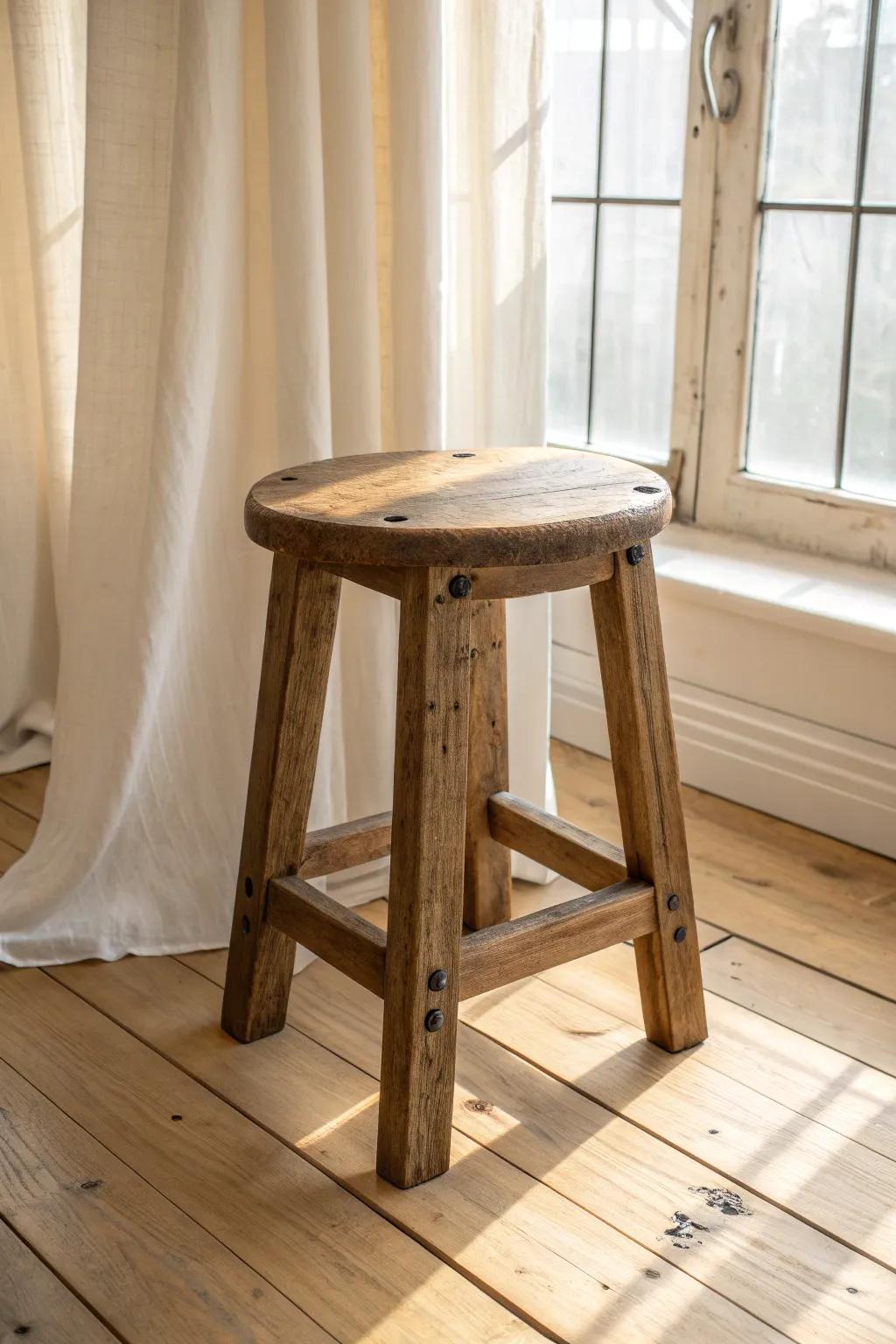 Rustic black metal brackets turn a simple reclaimed-wood stool into a farmhouse heirloom.