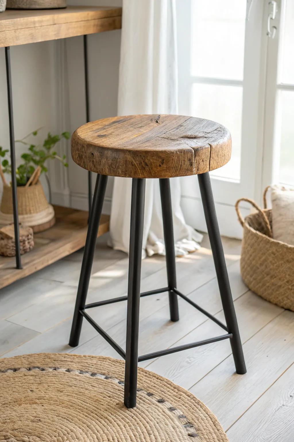 Reclaimed wood meets matte metal—an industrial stool with warm grain and clean lines.