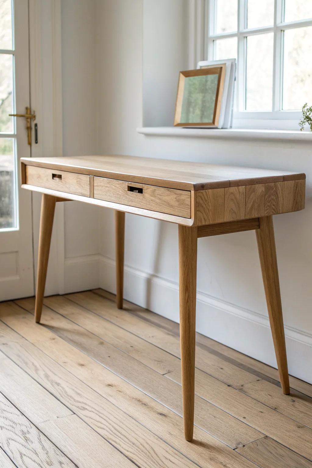 A minimalist oak study desk with a clear resin inlay—functional, feminine, and artful.