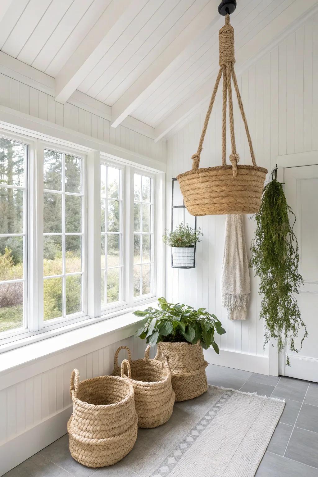 Turn a dead sunroom corner into airy storage with a ceiling-hung wood-and-rope basket rack.