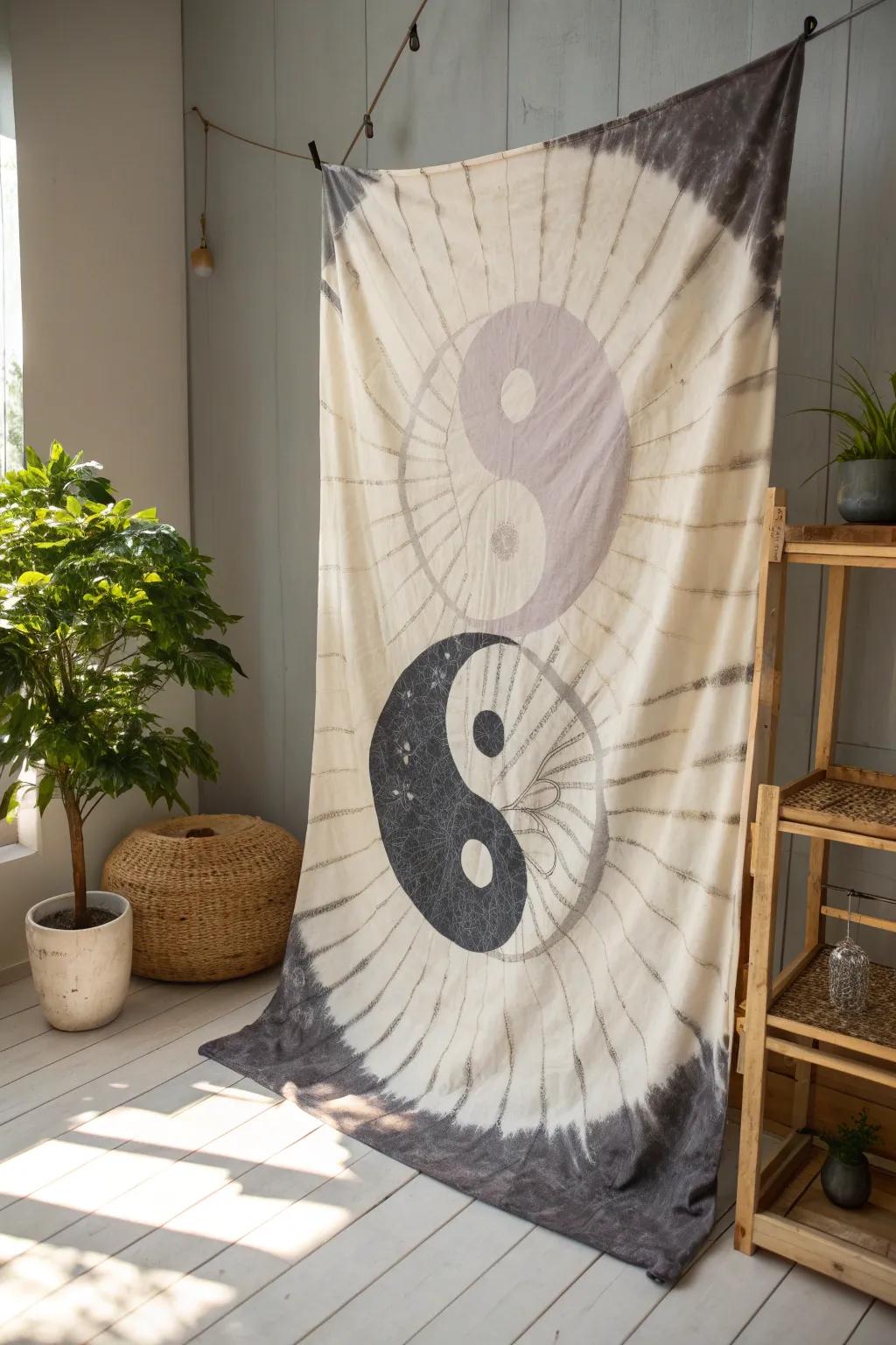 Find your zen with this exquisite yin yang tie-dye design, where simplicity meets natural beauty.
