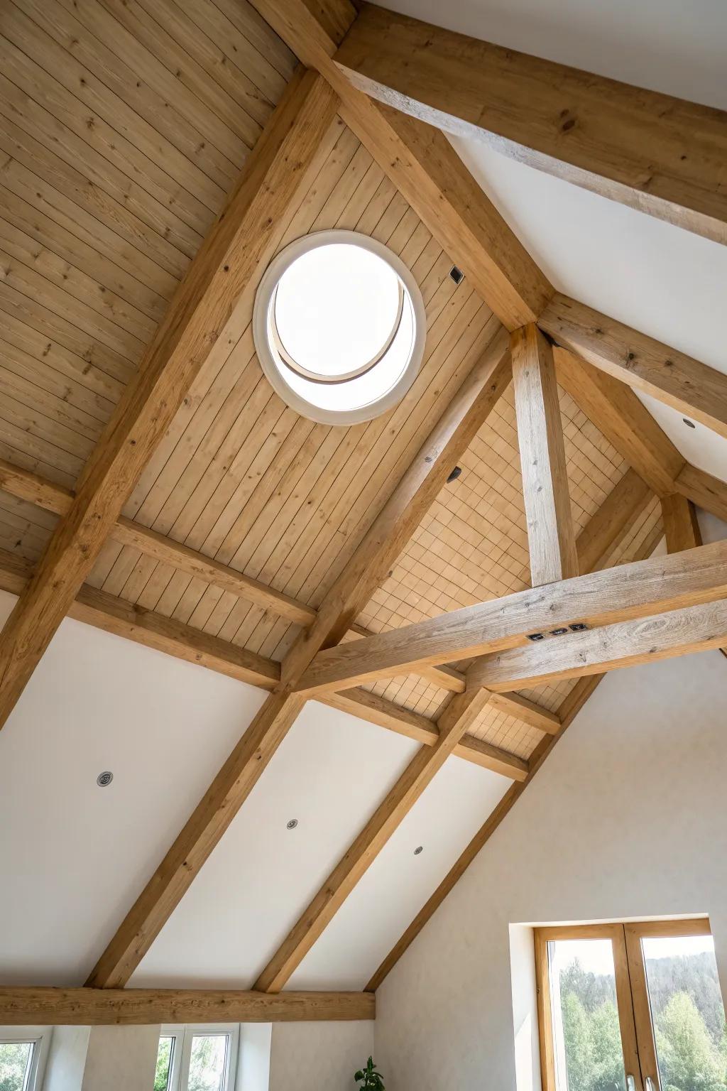 A sunlit light tube between timber trusses—natural spotlighting that makes joinery glow.