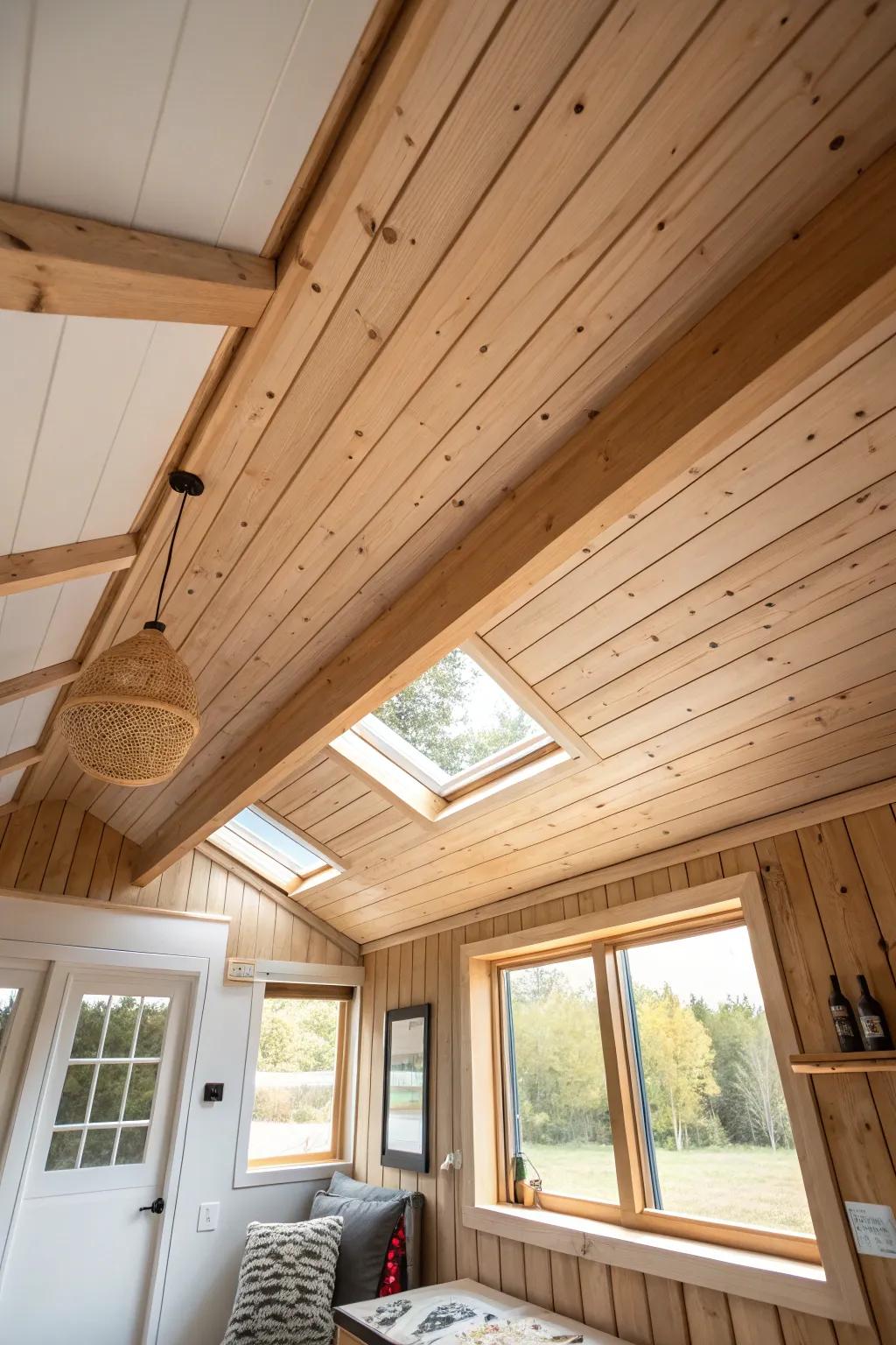 Shallow-pitch loft ceiling in light oak—more headroom, seamless wood tone, calm tiny-house glow.