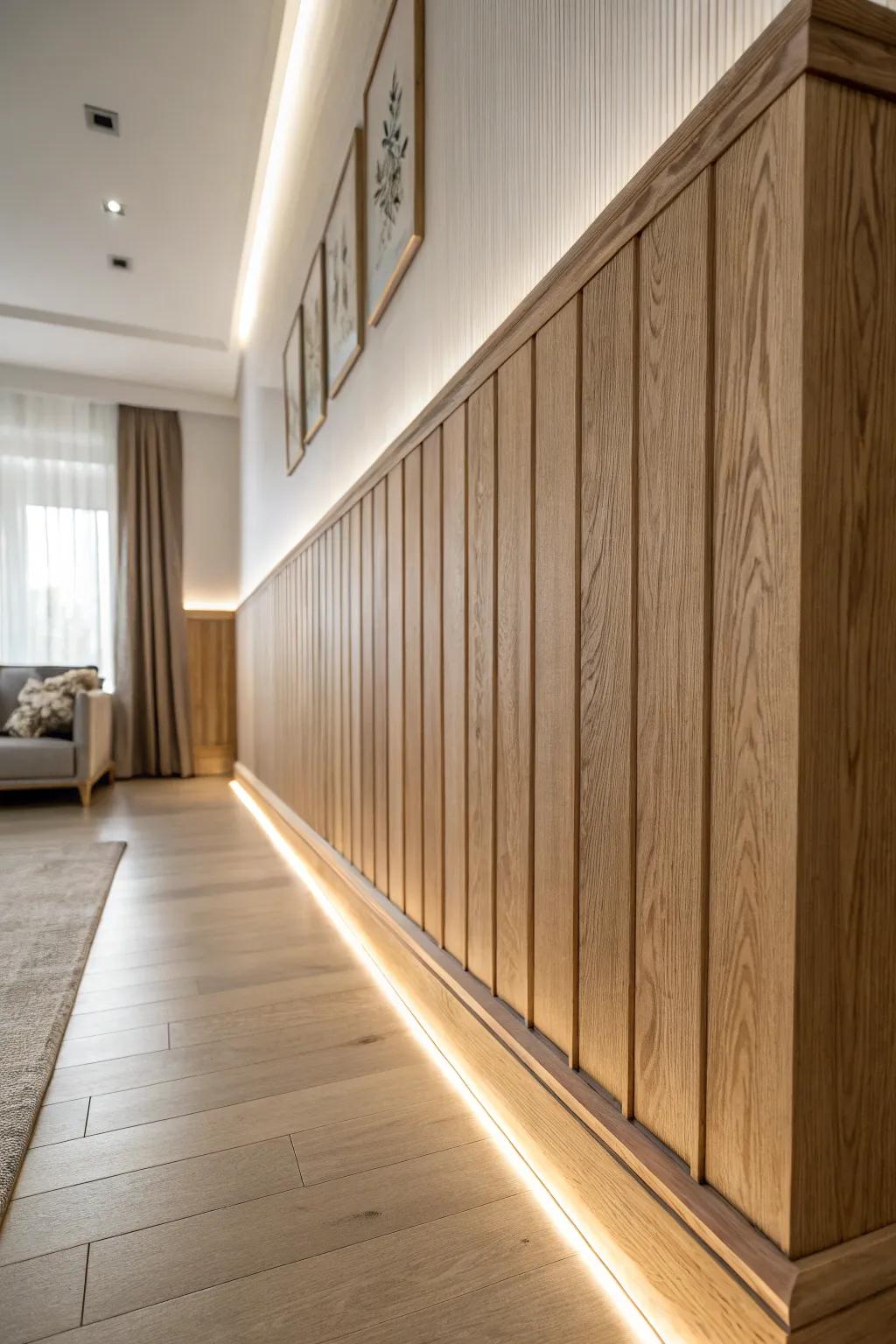 Warm hidden LEDs make tongue-and-groove boards glow—simple Scandinavian drama for any room.