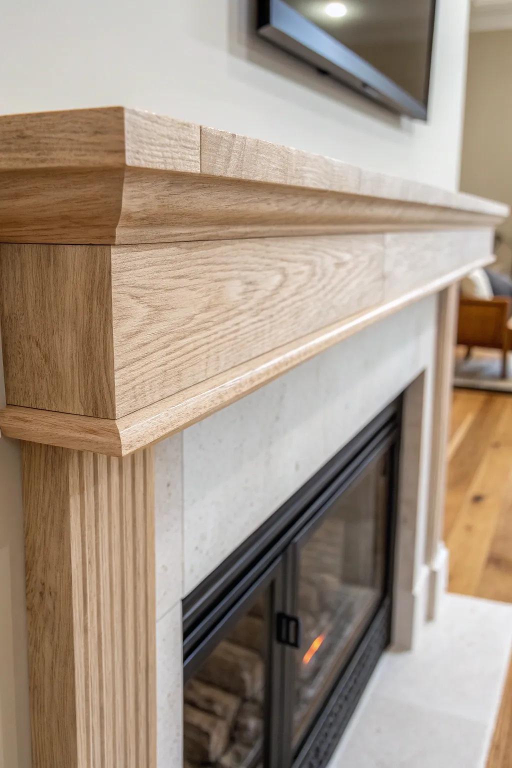 Tone-on-tone resin vein turns a simple oak mantel into a quiet, custom wow for transitional rooms.