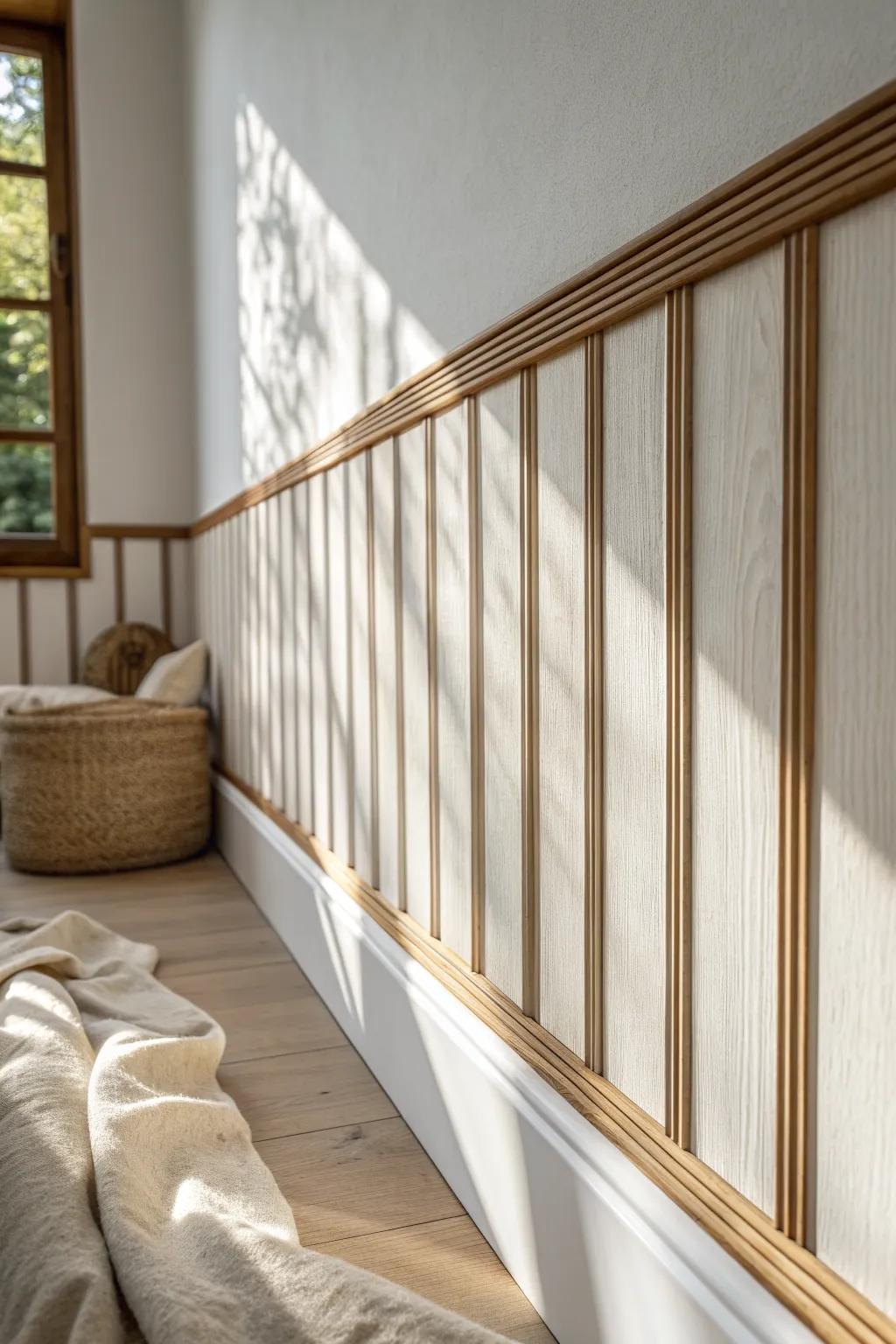 Evenly spaced oak dowel trim bands add soft texture and stunning shadow lines in warm light.