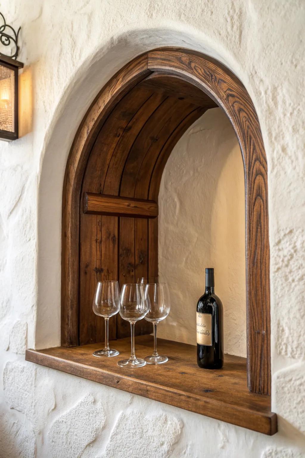 Create a faux wine-cellar arch nook with dark wood, warm light, and simple iron glass hooks.