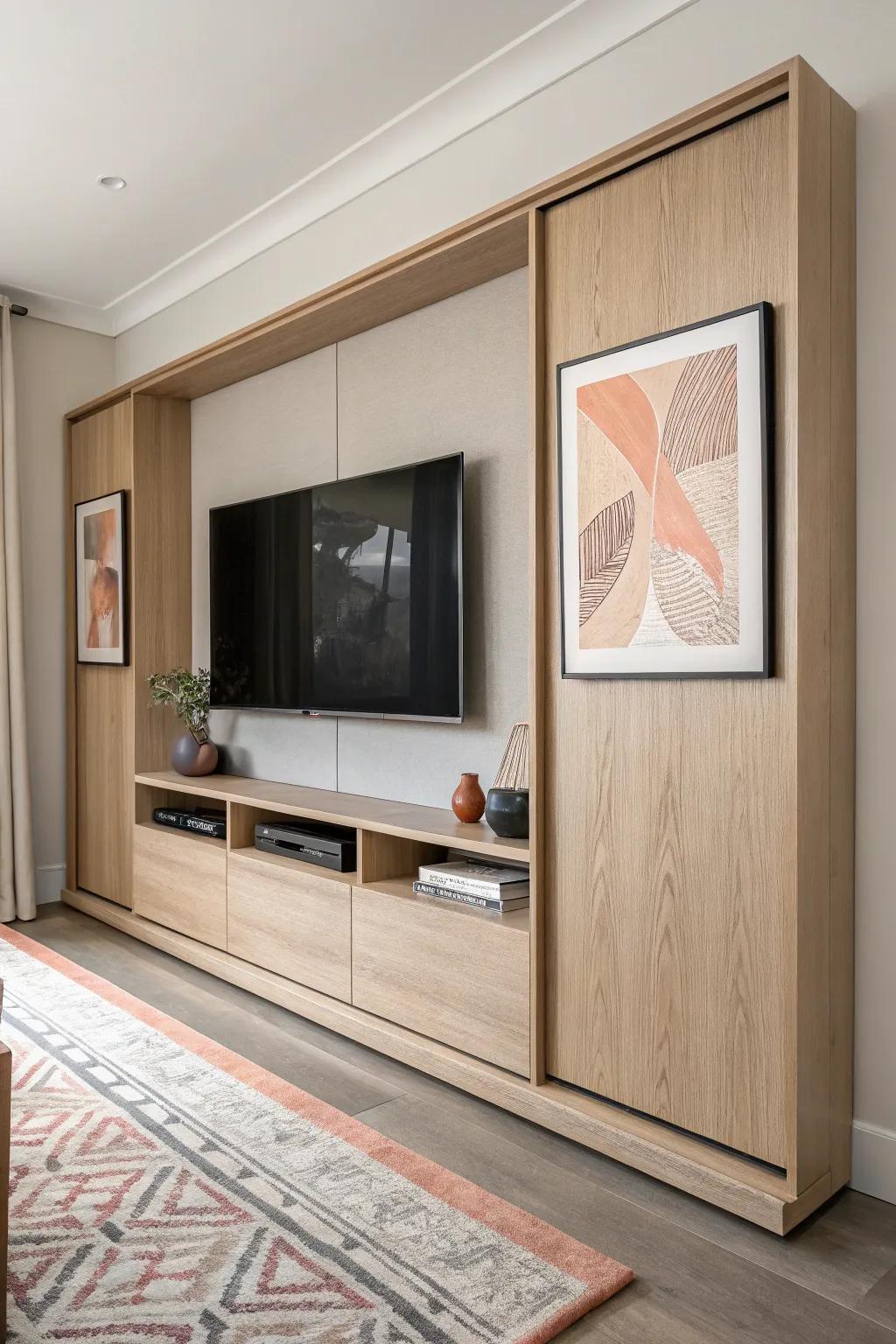 A hidden TV wall unit with sliding art panels—minimal oak craftsmanship that disappears on cue.