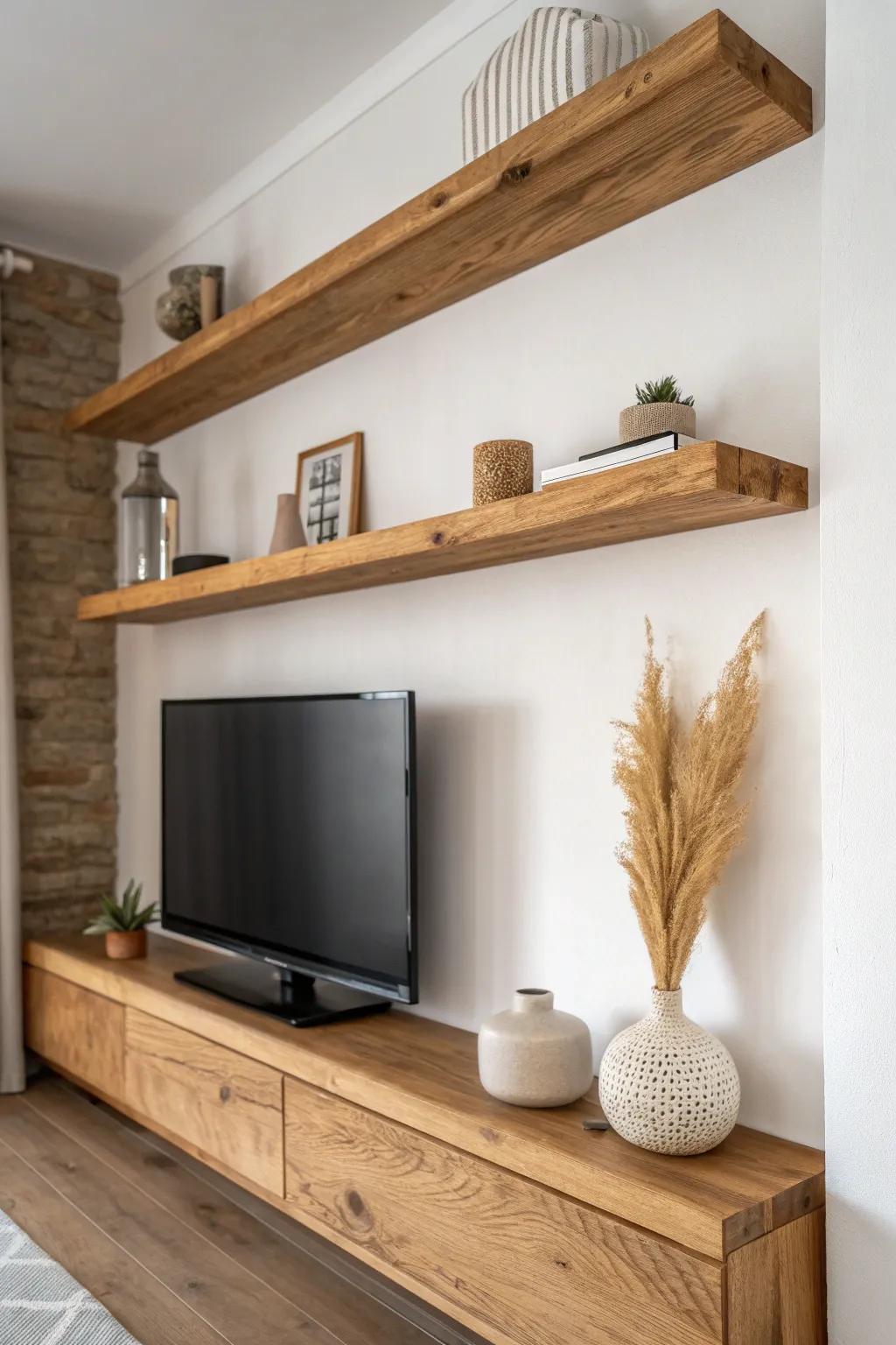 Matte live-edge shelf trio for a warmer TV wall—minimal Scandinavian style with a soft boho touch.