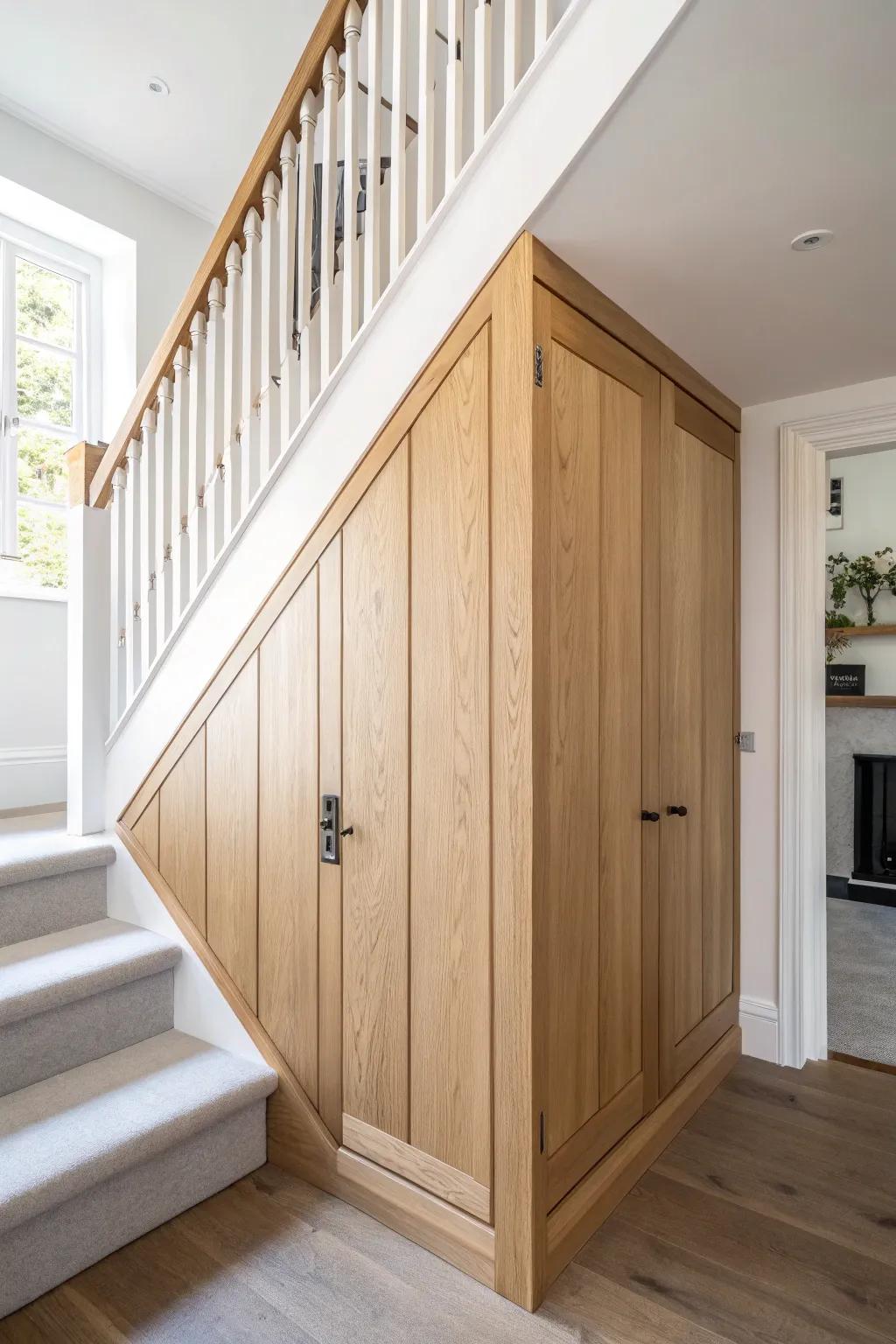 Seamless hidden under-stair door storage—press-to-open paneling that keeps clutter out of sight.