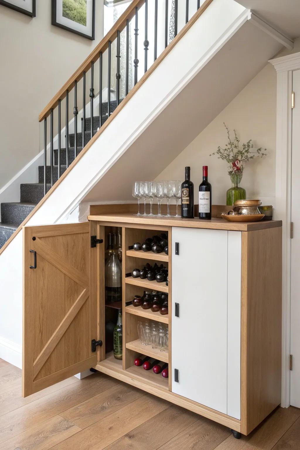A secret under-stairs bar cupboard: butcher-block top, bottle cubbies, and hidden glass racks.