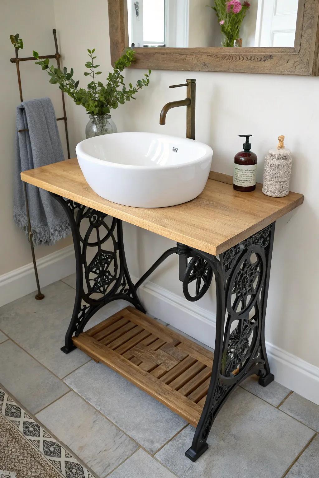 Upcycled treadle sewing base vanity—dark iron + warm oak for a one-of-a-kind bathroom moment.