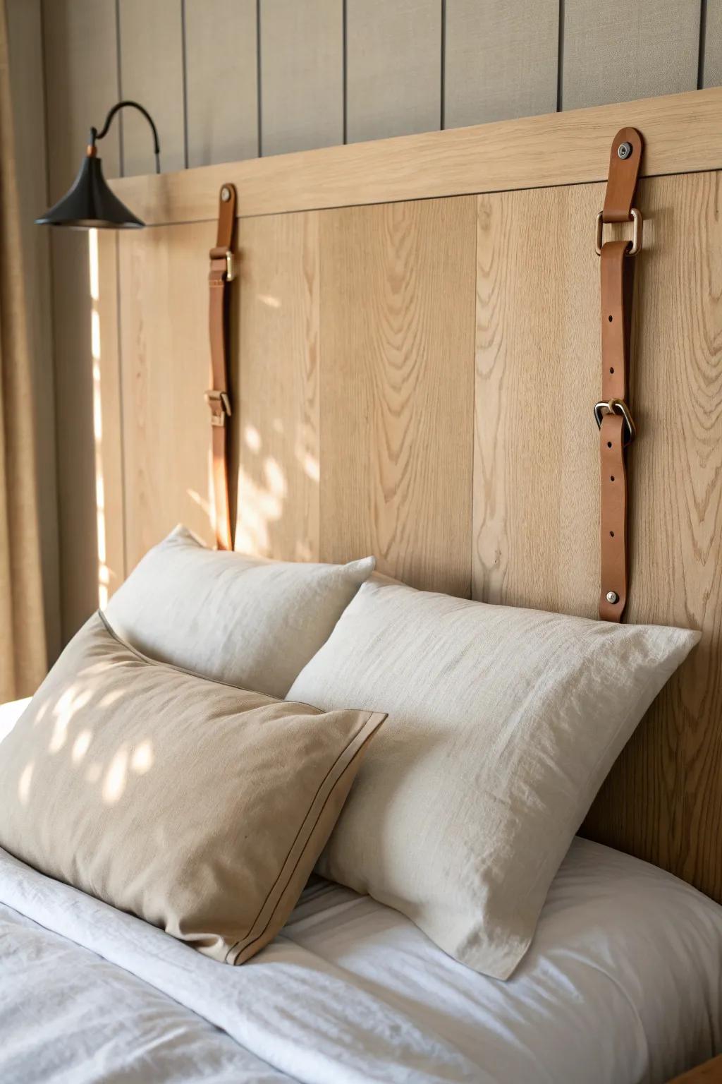 Cozy linen cushions held by leather straps—minimalist, handmade headboard perfection.