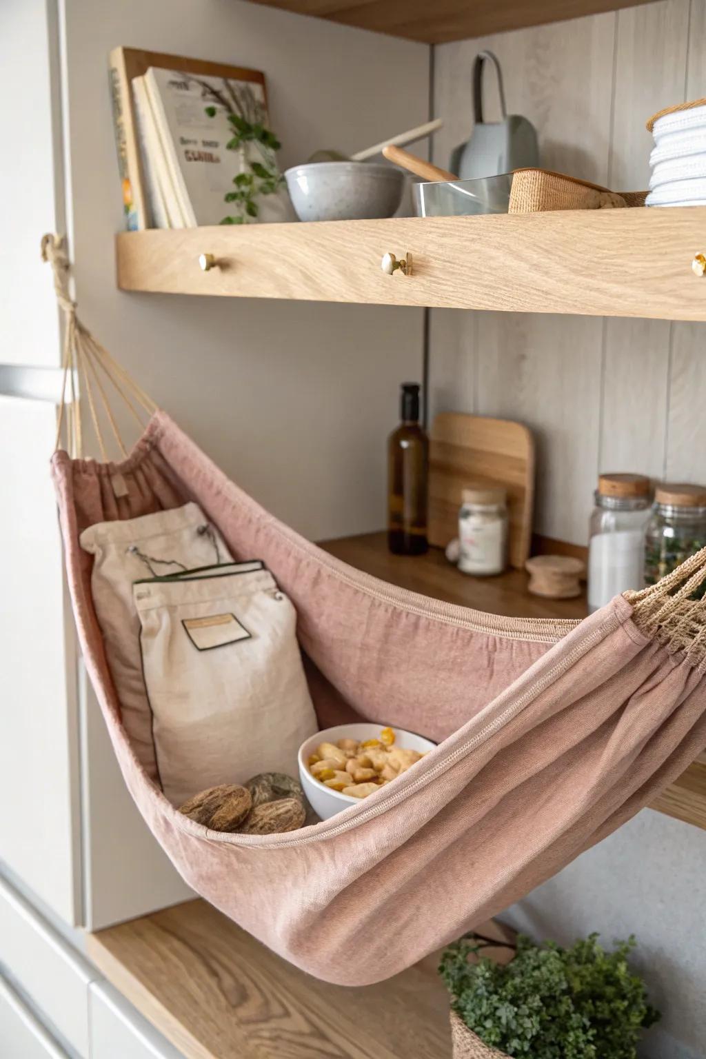Use unused corner-cabinet air space with a simple linen hammock for snack bags and napkins.