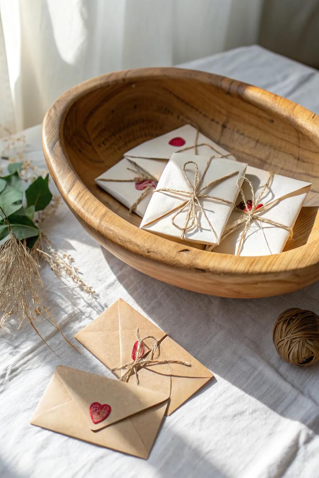 A wooden dough bowl filled with tiny envelopes and love notes—simple, sweet, and interactive.