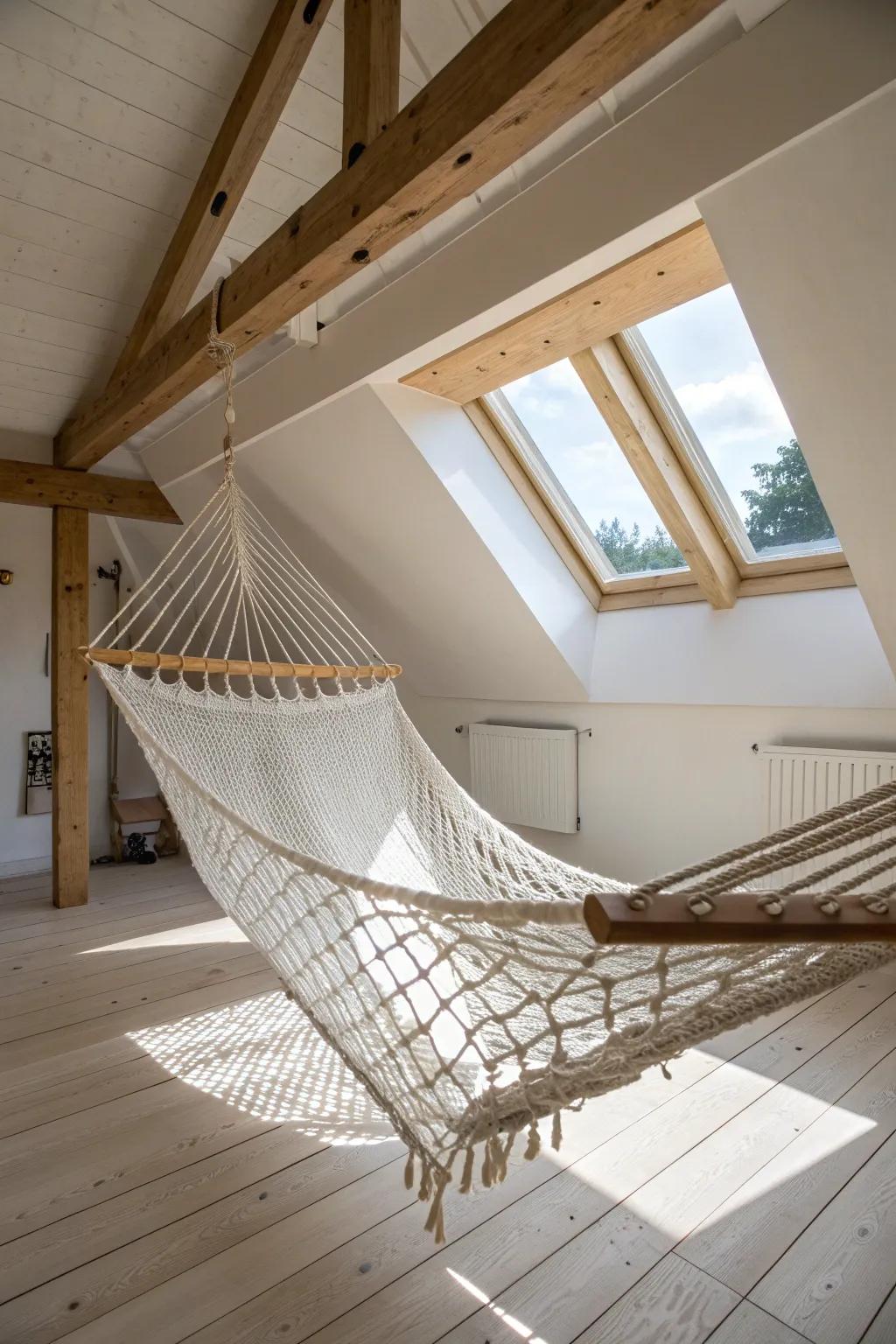 A floating hammock net loft framed in warm oak—an instant wow under a vaulted ceiling.
