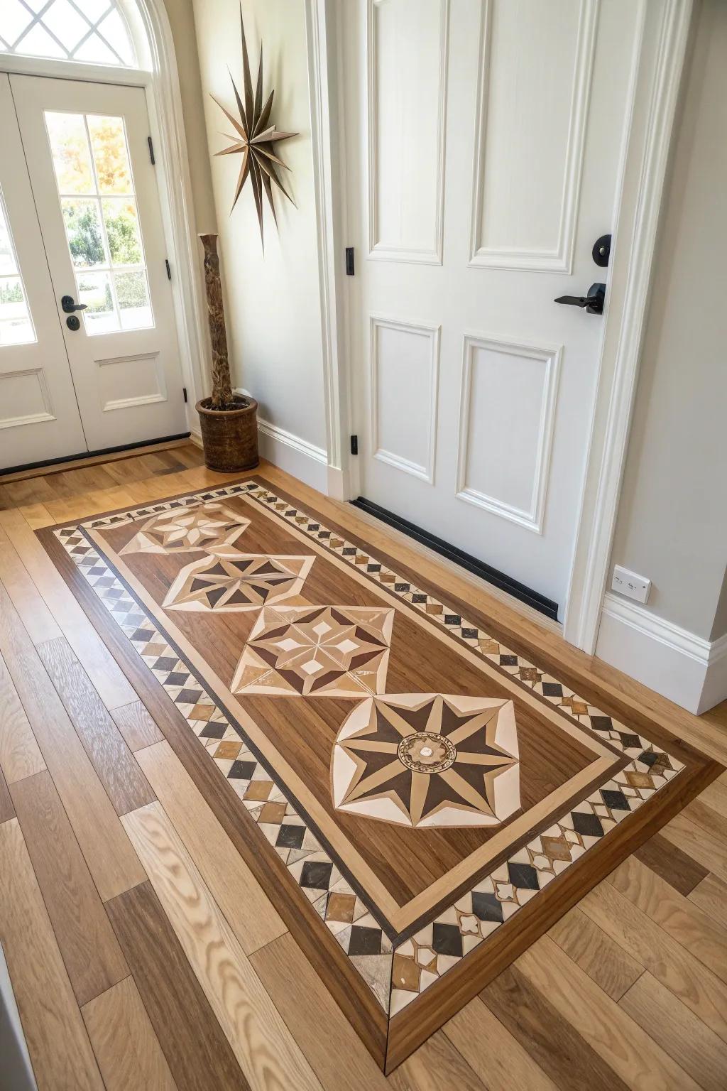 Victorian wow in wood: a handcrafted faux tile rug mosaic to greet guests at the door.