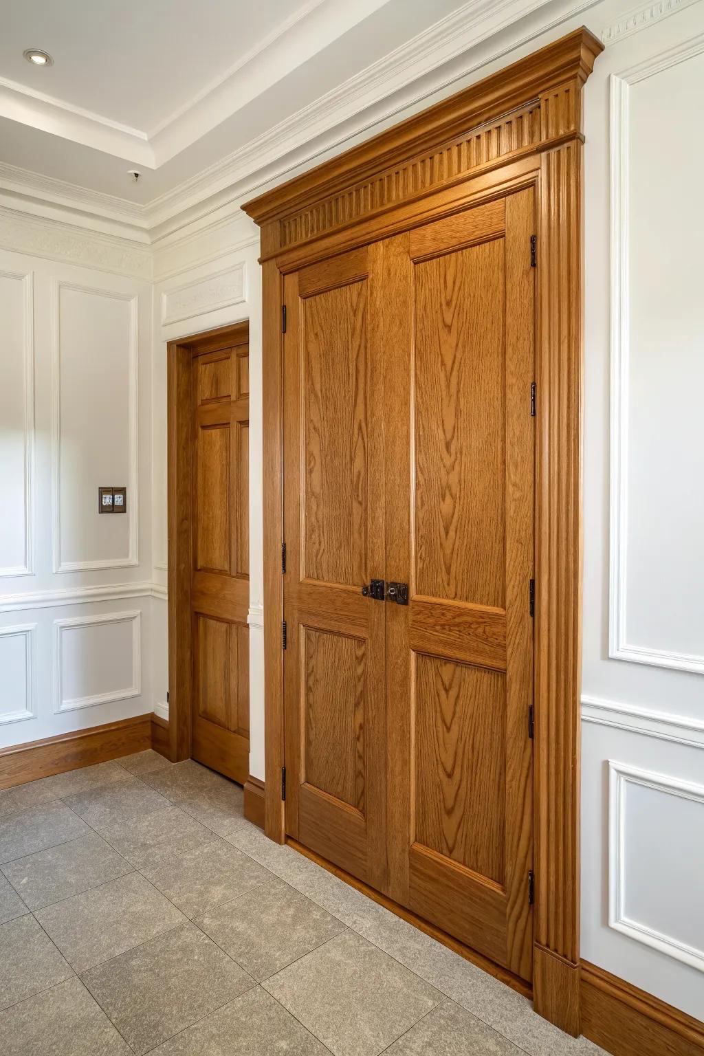 A hidden closet door that disappears into Victorian-style paneling—warm wood, clean lines, pure magic.