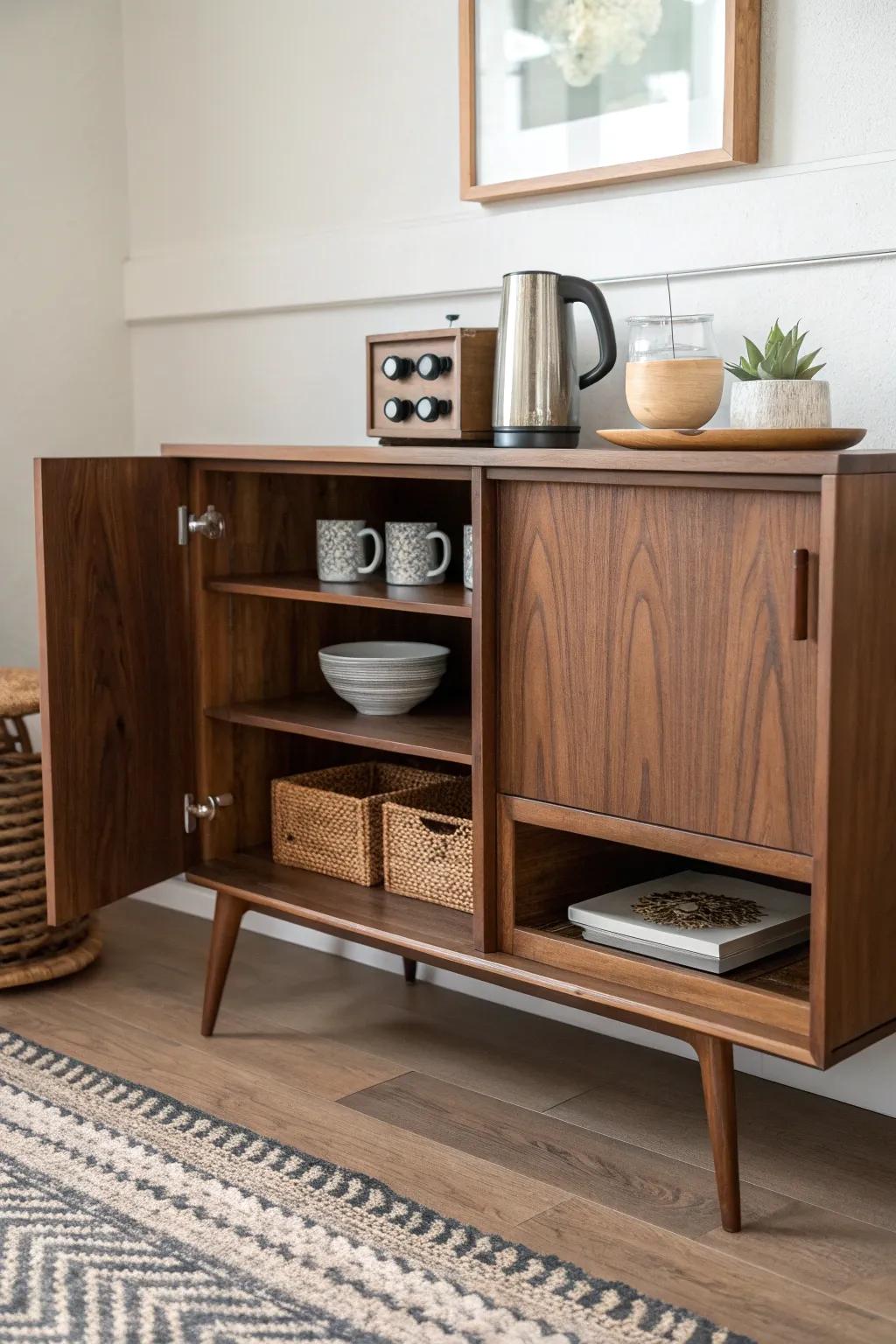Old console turned hidden coffee bar—warm wood, tidy shelves, vintage café charm.