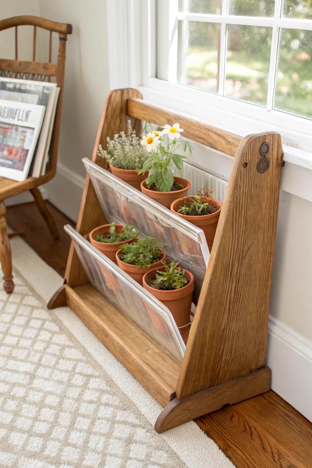 A vintage wooden magazine rack reborn as a lined wildflower planter—simple, warm, and handcrafted.