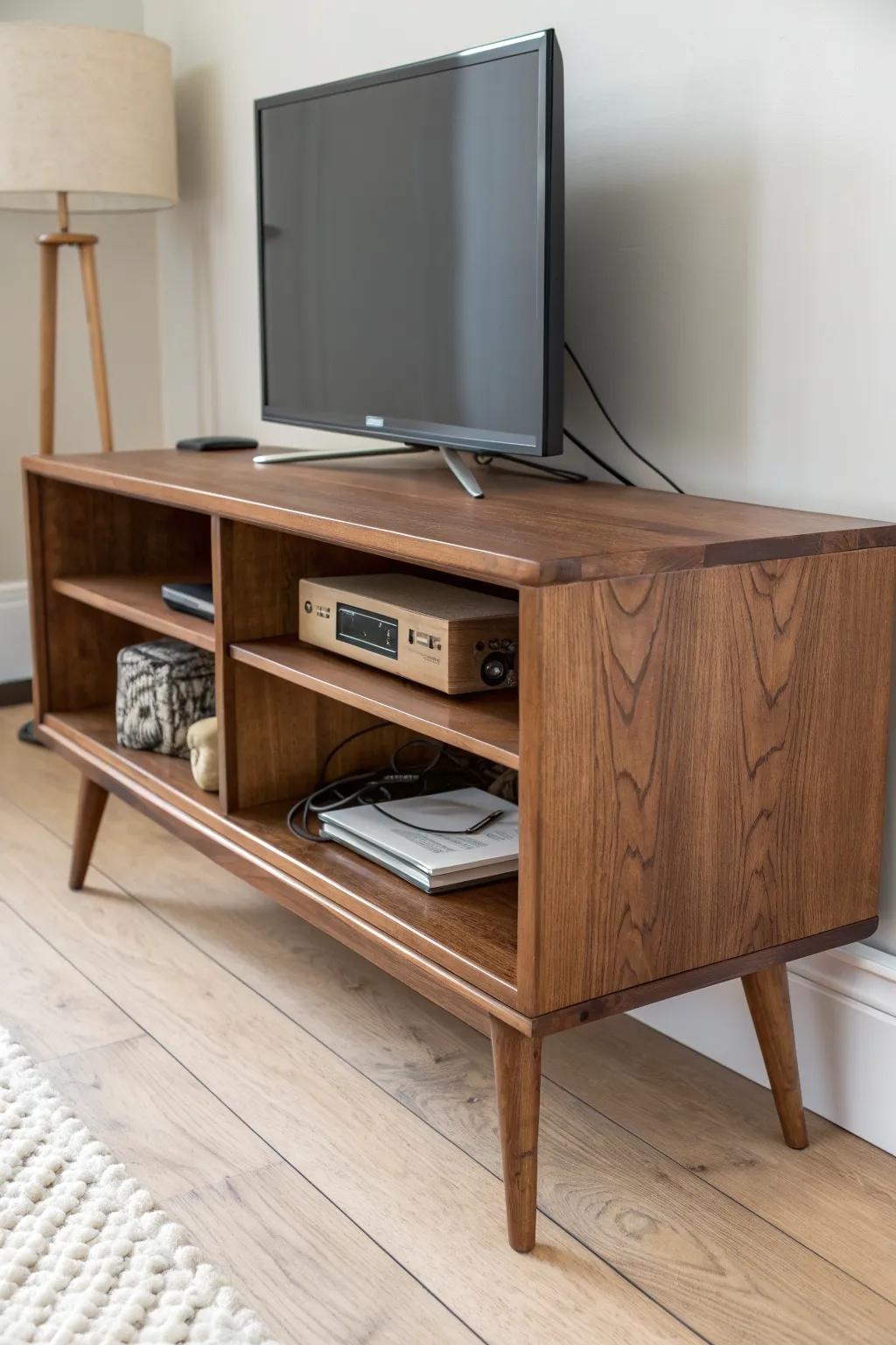 Vintage charm outside, modern lift-top compartment inside—hide cords and keep the look pristine.