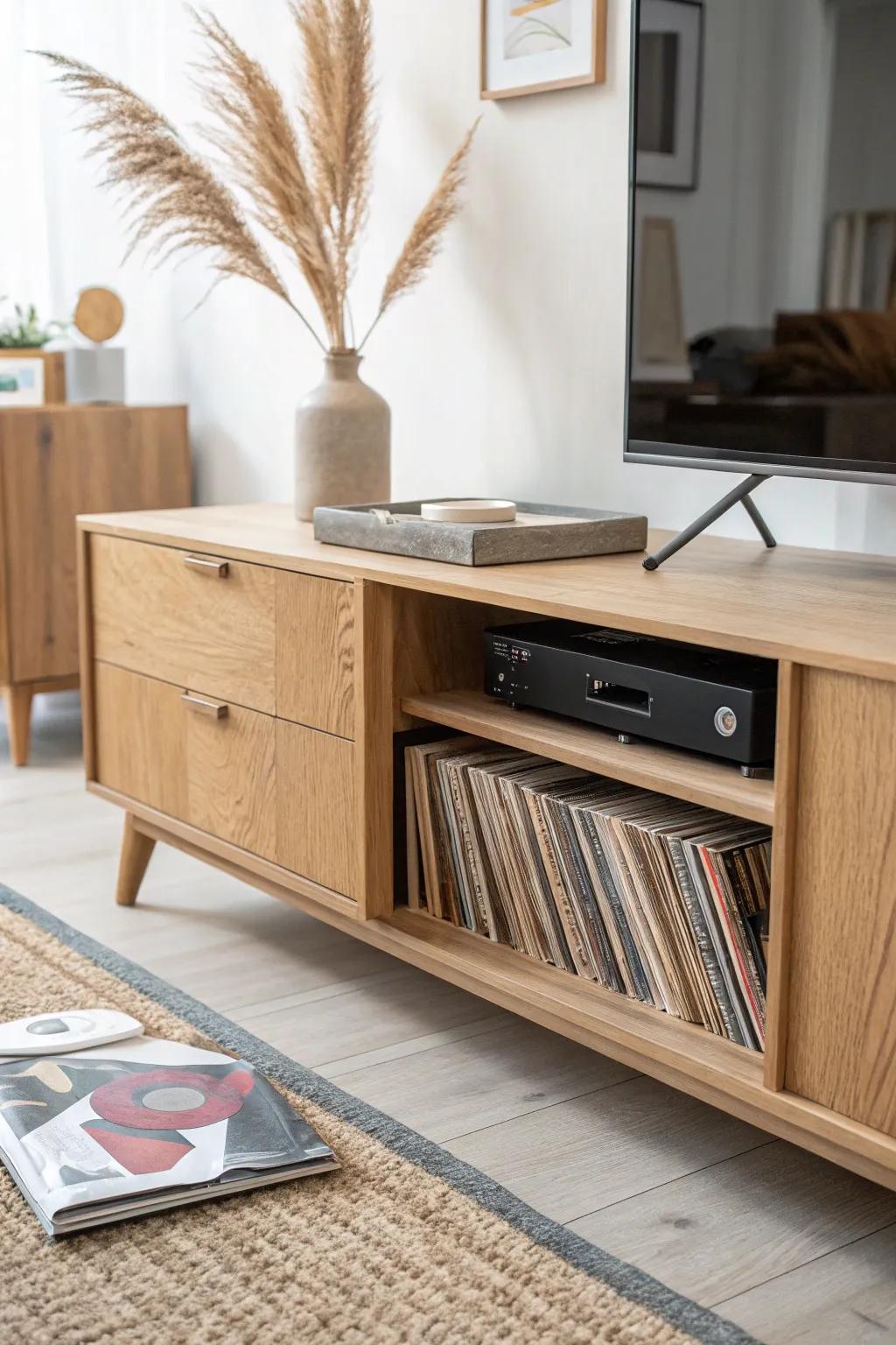 A hidden toe-kick drawer turns your media cabinet into a secret vinyl record library.