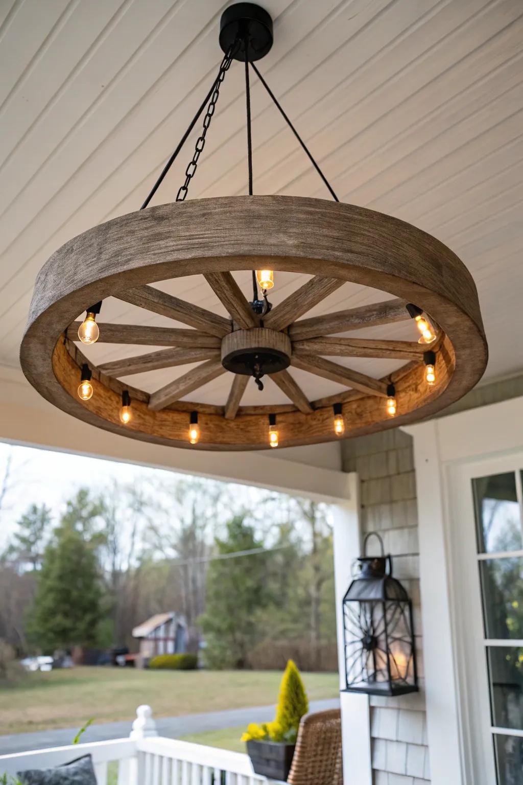 Warm wagon-wheel chandelier brings Scandinavian calm and boho glow to your covered patio.