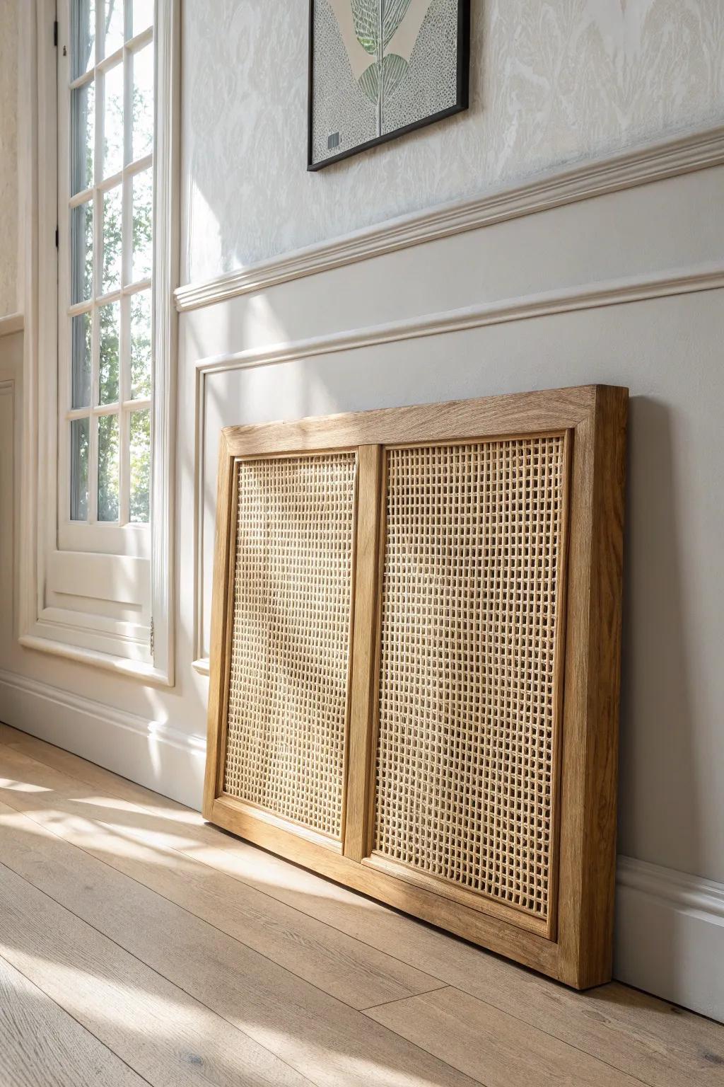 Light oak wainscoting with woven cane inset—airy texture that makes small rooms feel bigger.