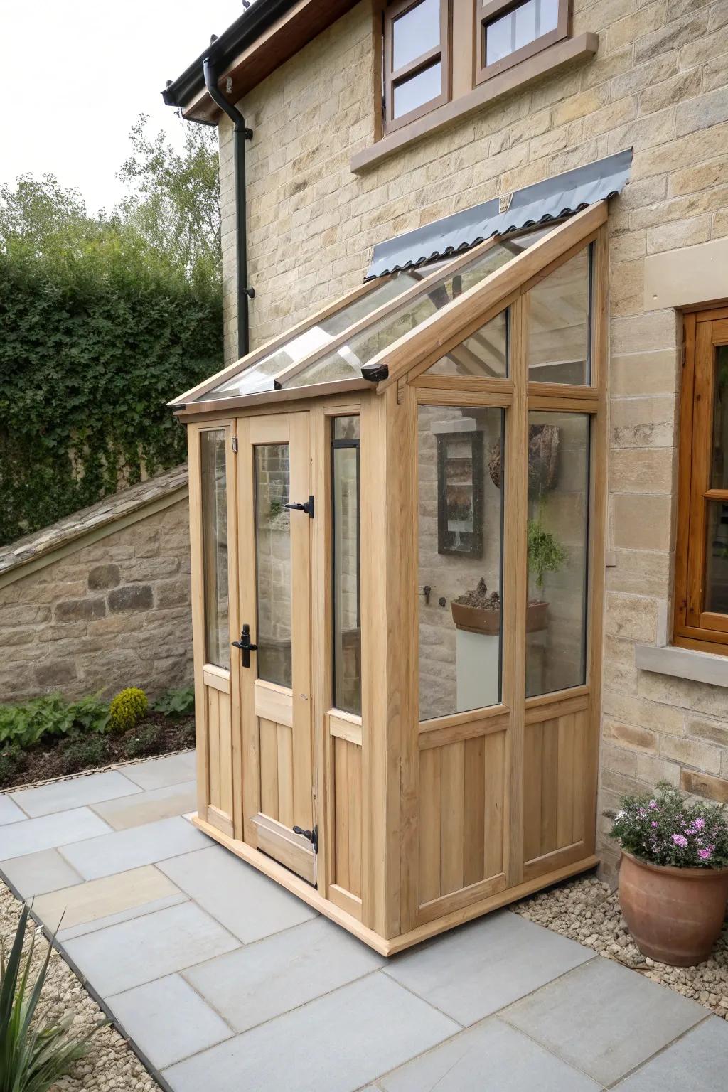 A mini greenhouse vestibule over the basement door—warm light, glass, and oak craftsmanship.
