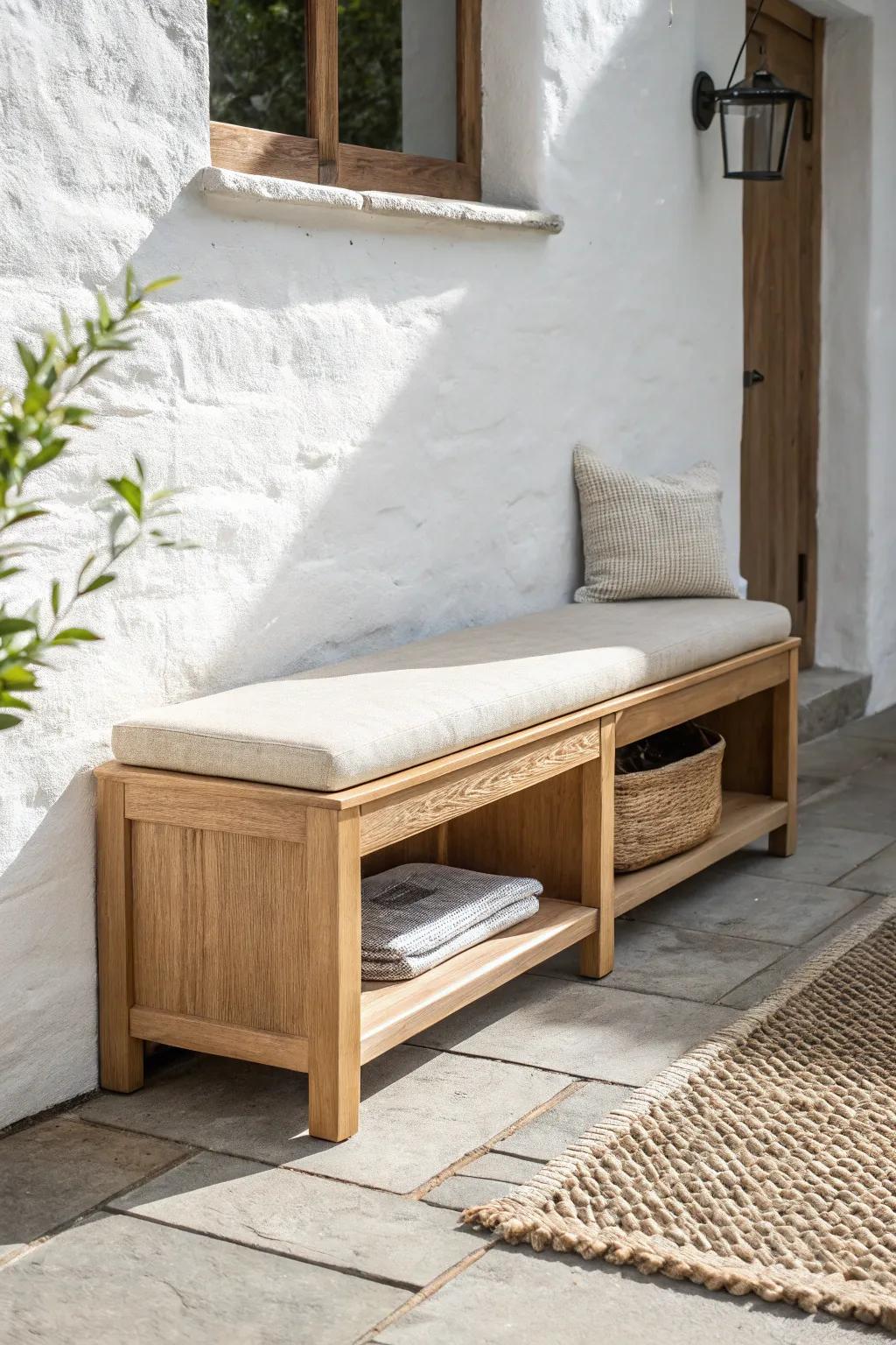 A floating oak wall bench with a cozy built-in pet cubby—clean, calm, and space-saving.