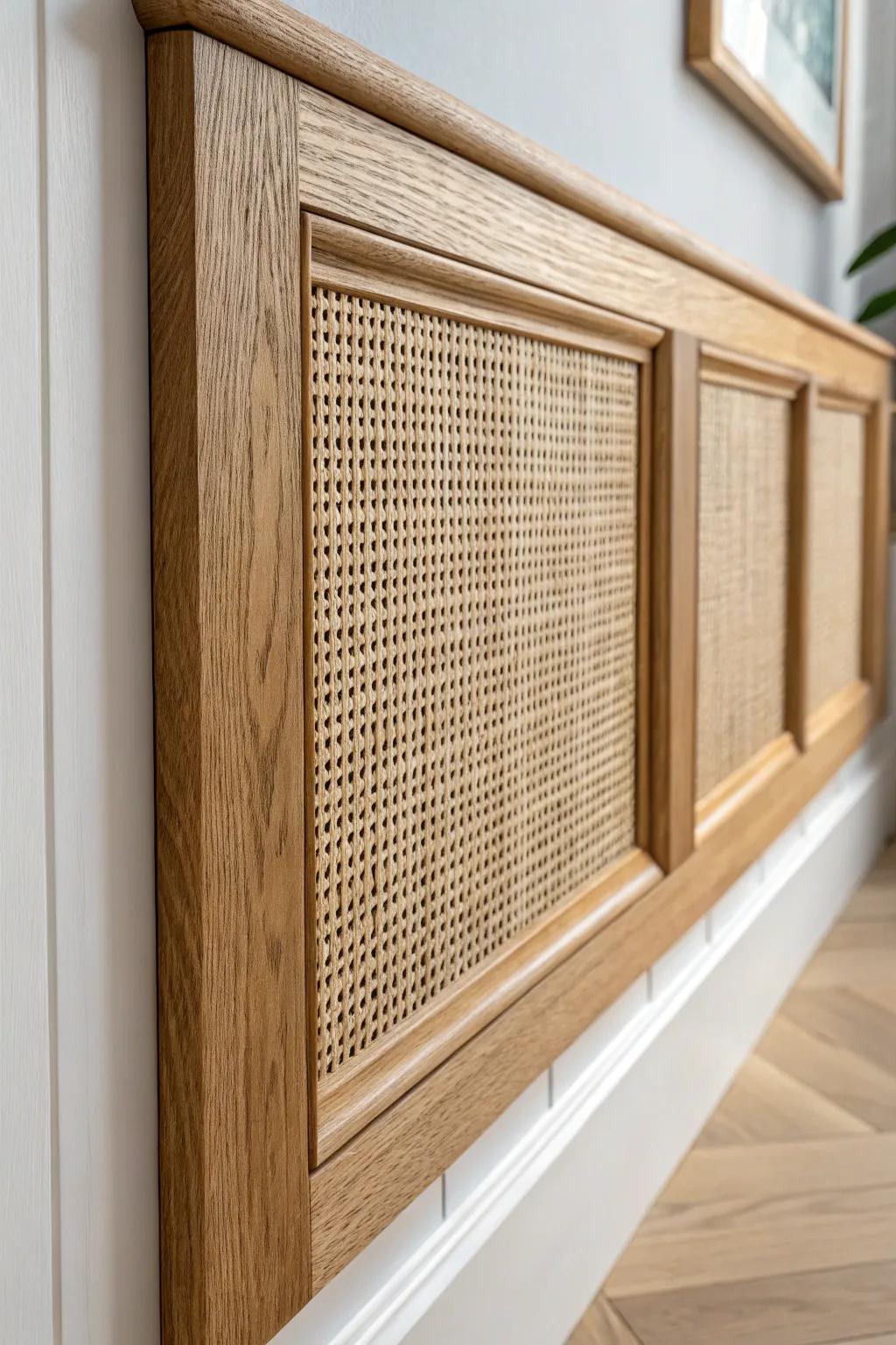Light oak border trim with cane inset—airy woven texture that softens solid paneling.