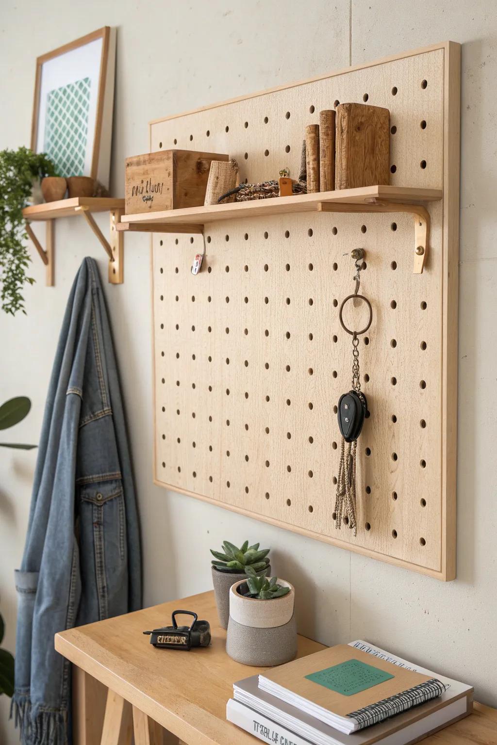 Pegboard backer + floating shelf: one clean zone for shelves and hooks—no more lost hardware.