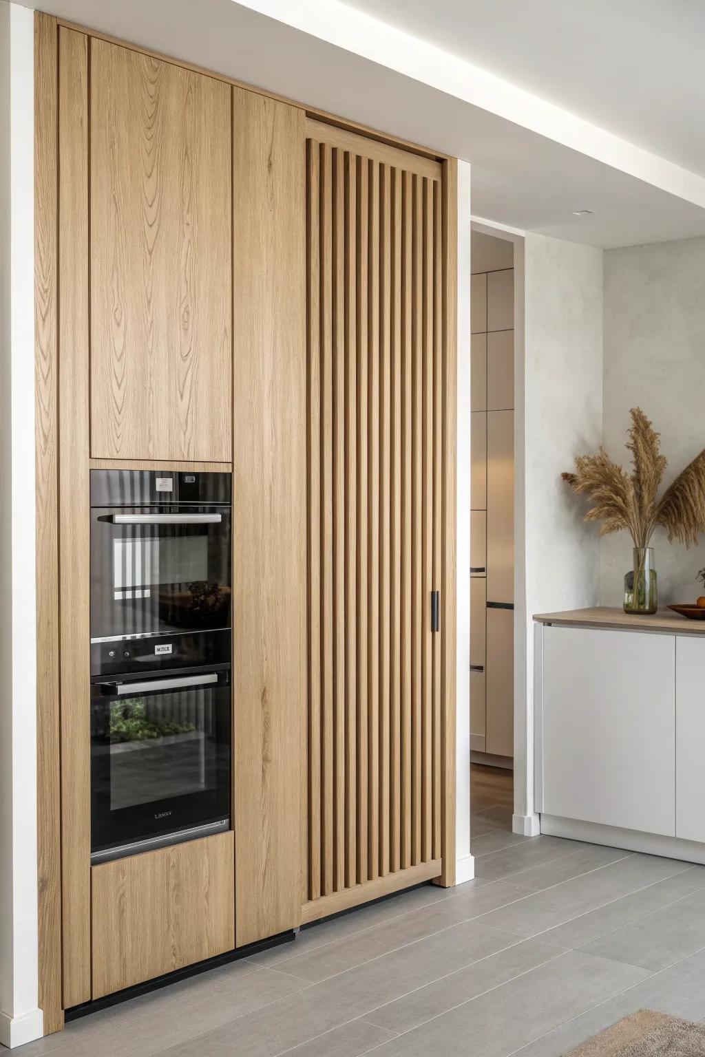 A sliding oak slat screen softly conceals the wall oven—warm, ventilated, and furniture-like.