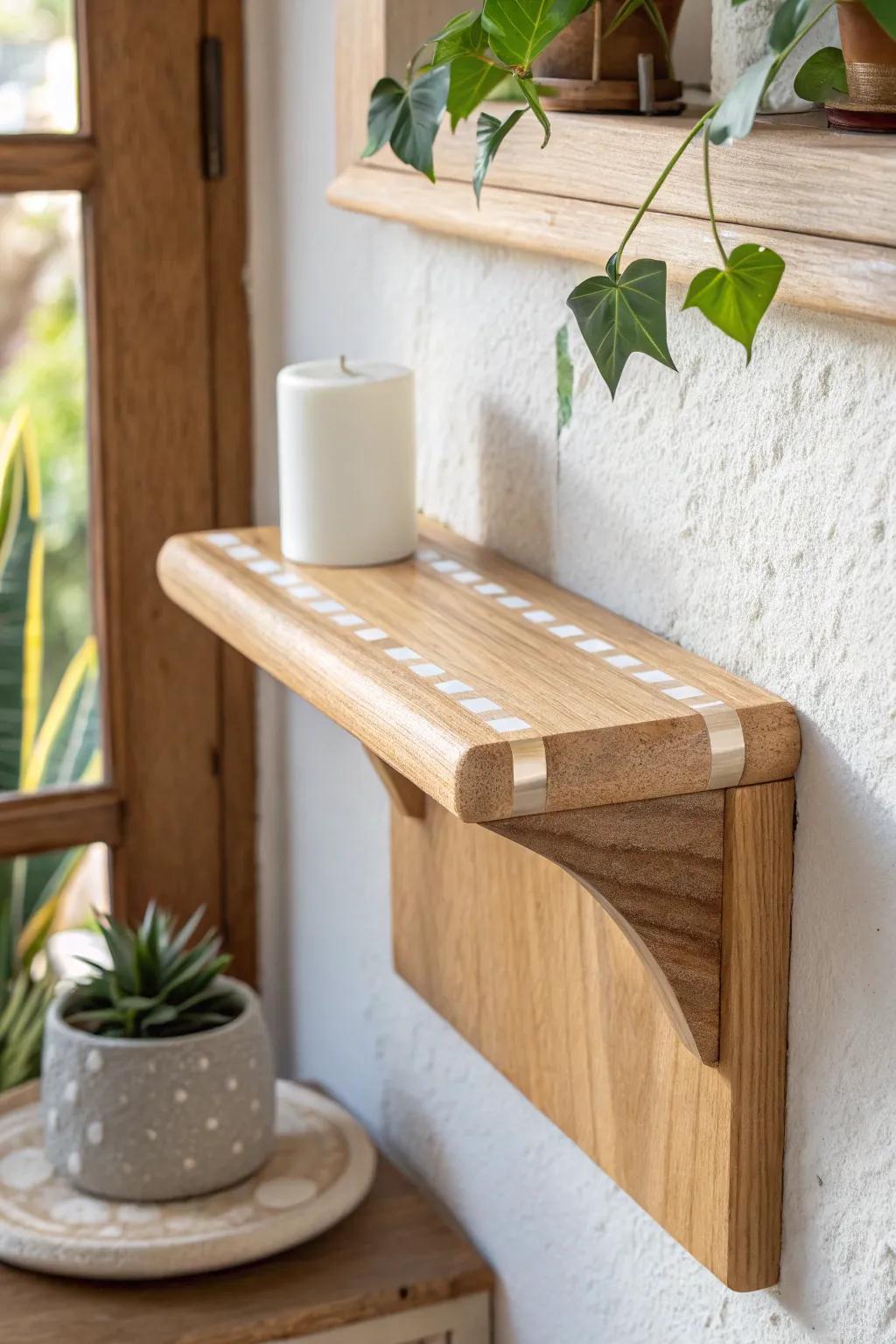 A slim resin inlay stripe turns a simple sconce shelf into a subtle statement piece.