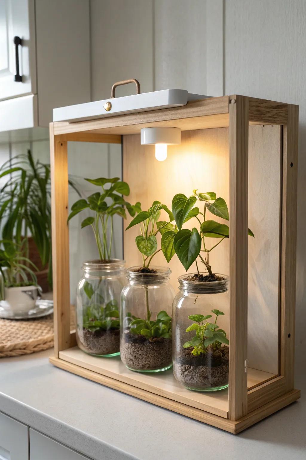 Turn one wall-unit bay into a tiny greenhouse with jars, a grow light, and fresh cuttings.