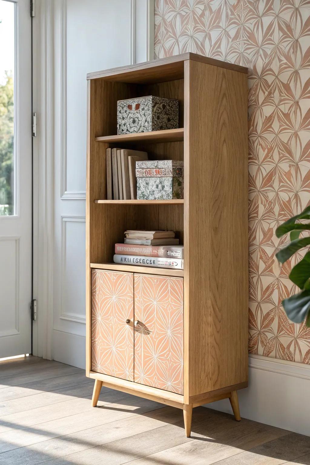 A hidden wallpaper surprise inside lower cabinets makes board games feel effortlessly luxe.