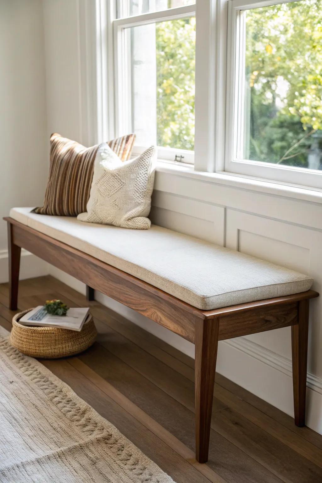 A cozy walnut window seat nook—minimal, warm, and perfectly made for slow morning reads.