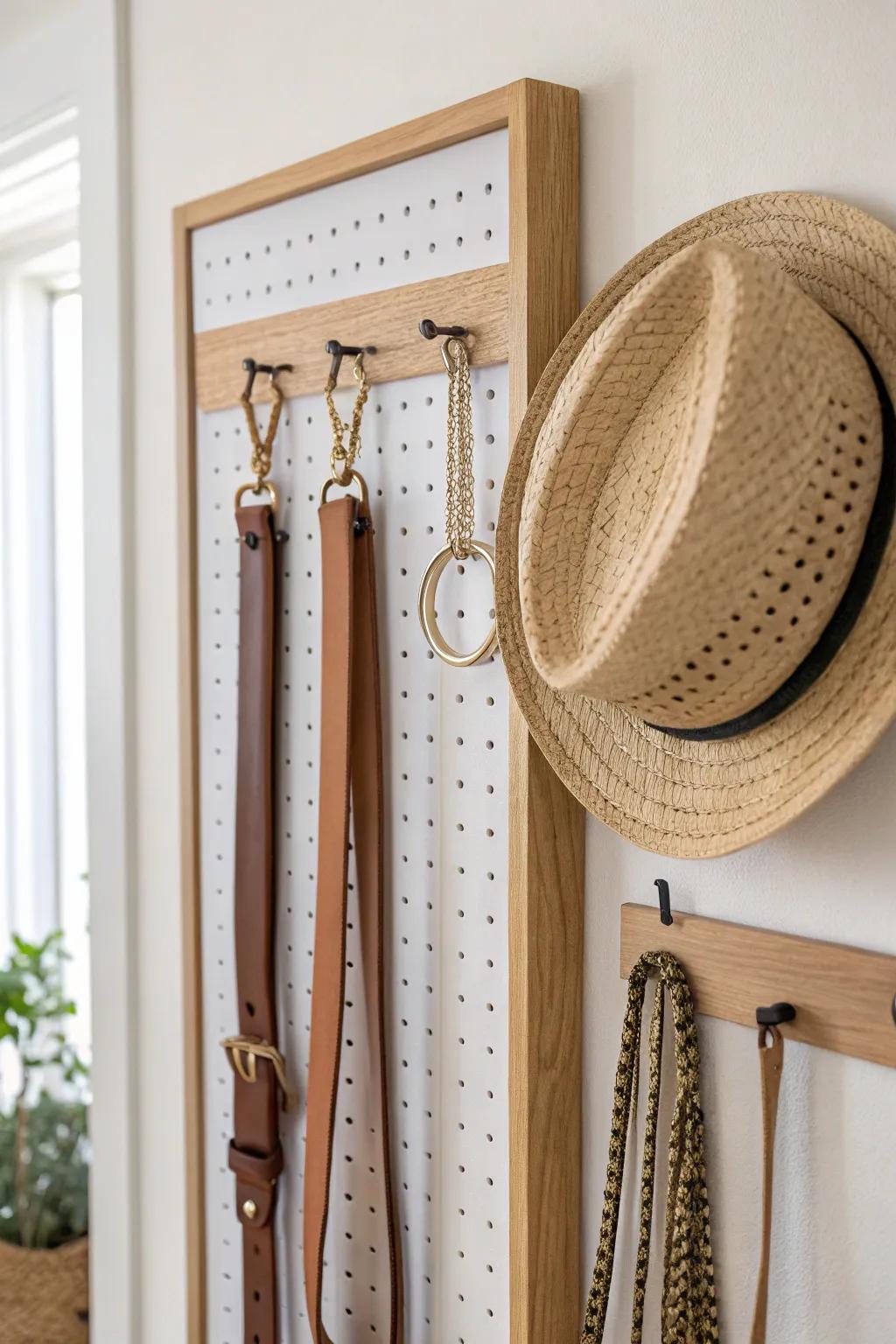 A slim pegboard turns belts, hats, and jewelry into a tidy, visible wardrobe display.