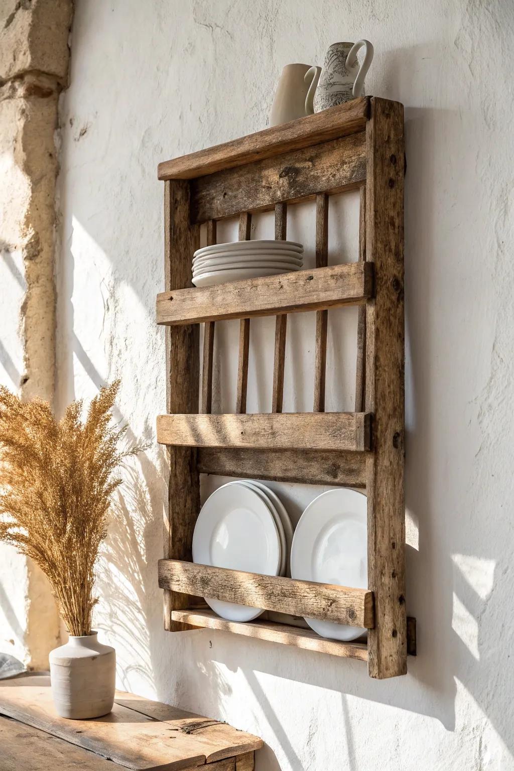 Reclaimed wood plate rack: warm white walls, rustic grain, and everyday dishes turned decor.