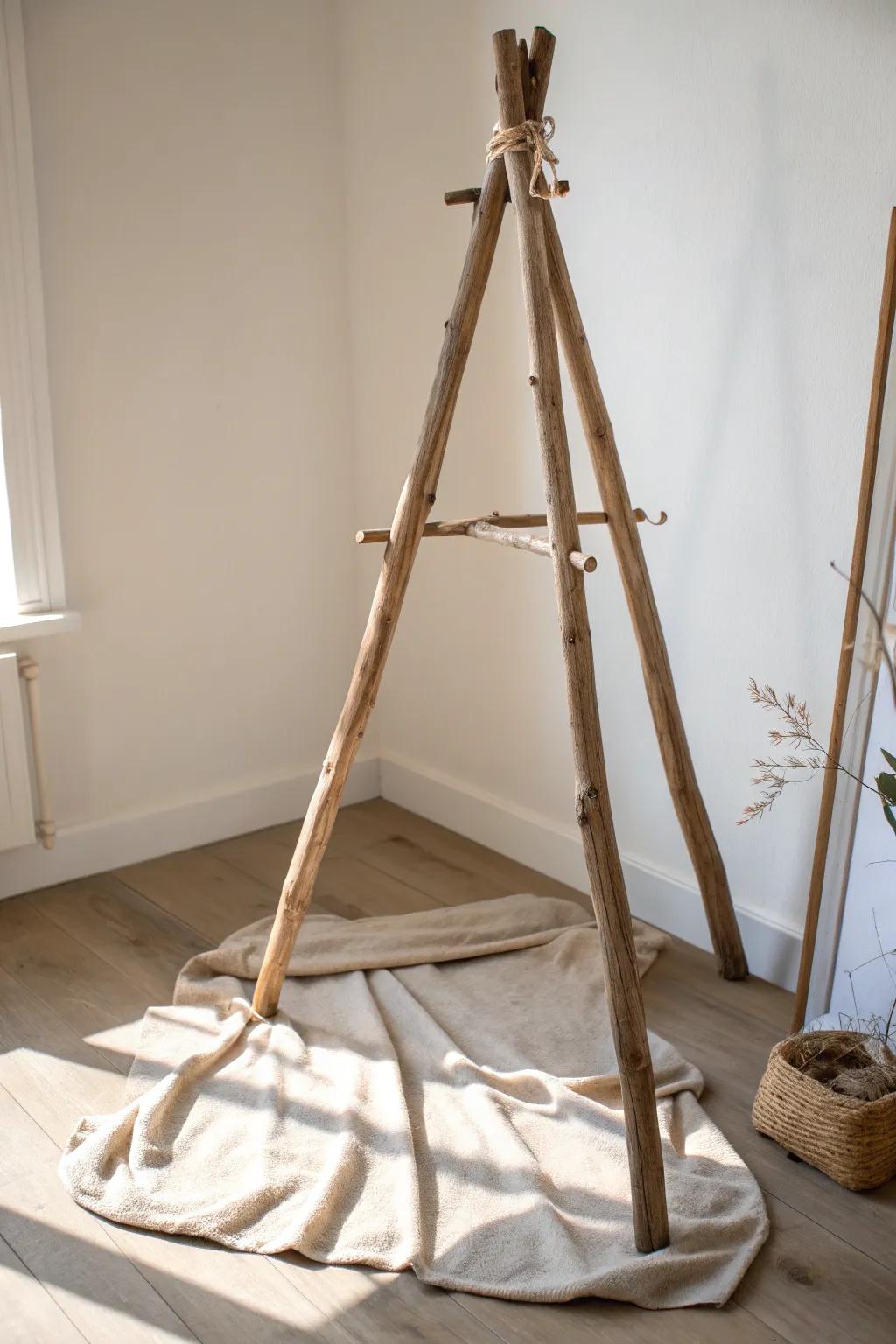 Driftwood tripod easel: organic texture and clean lines for a dreamy nature-theme wedding.