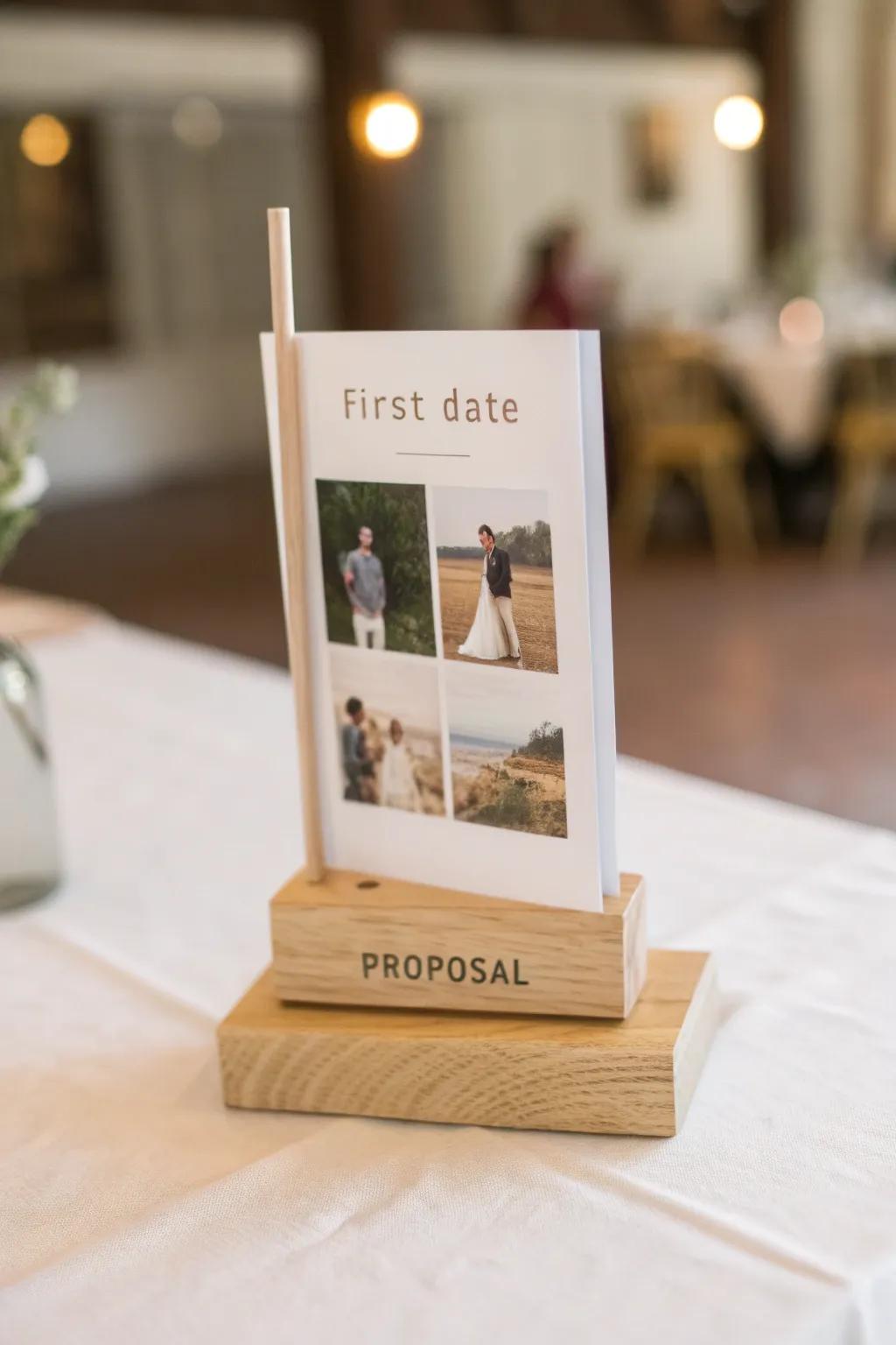 A tiny oak flip-book stand that lets guests animate your love story—one page at a time.