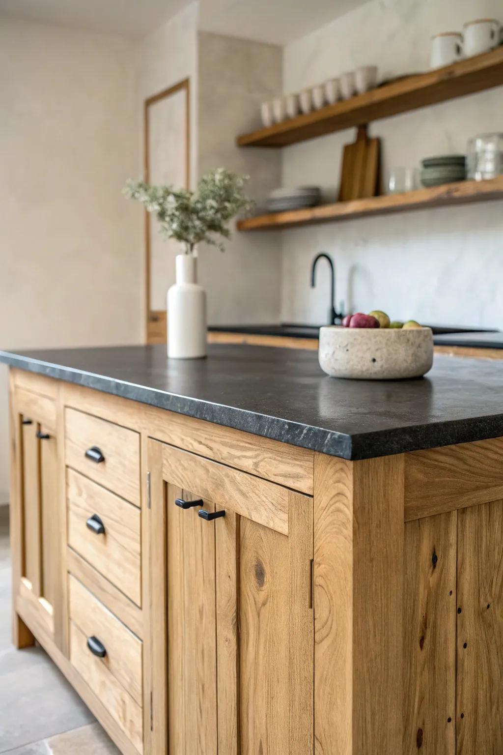 Light cabinets, a warm reclaimed-wood island, and bold black granite for cozy contrast.