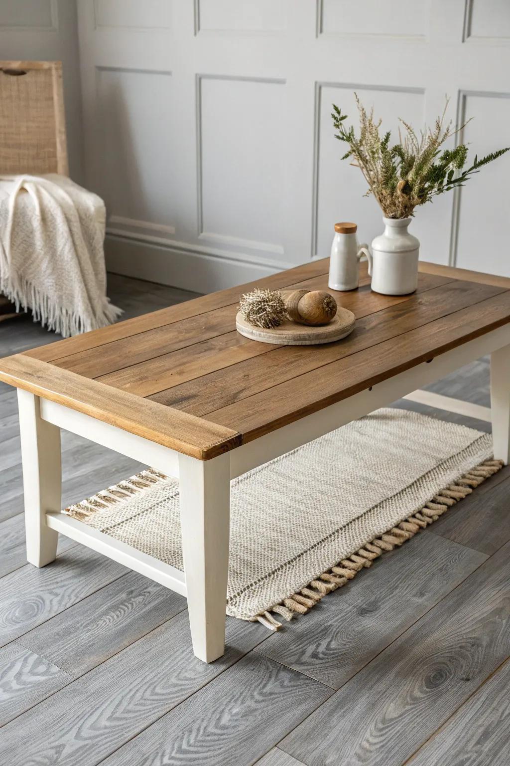 Two-tone coffee table: warm wood top + soft-white base to balance cool gray floors.