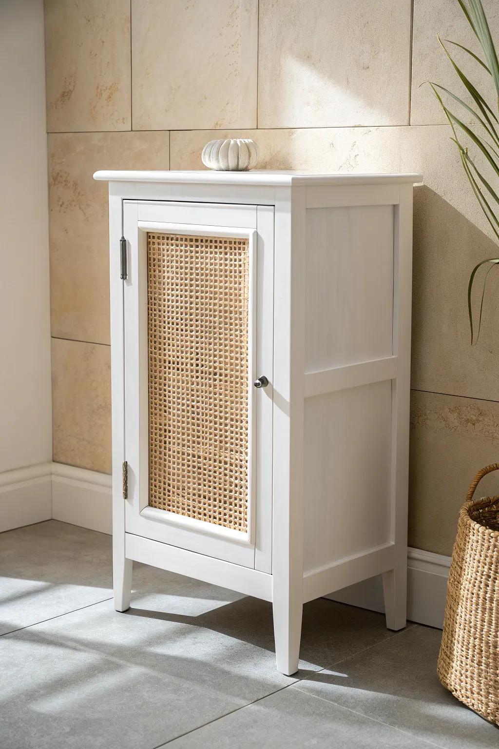 White bathroom cabinet with cane inserts—airy boho texture with clean Scandinavian calm.