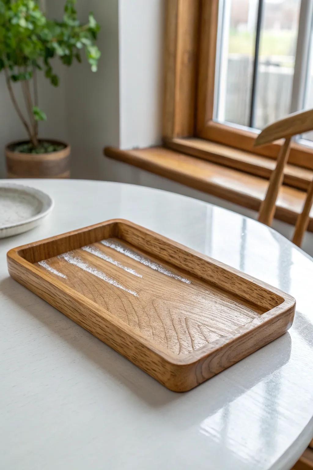 A reclaimed wood tray with clear resin inlay adds a quiet glow to a white dining table.