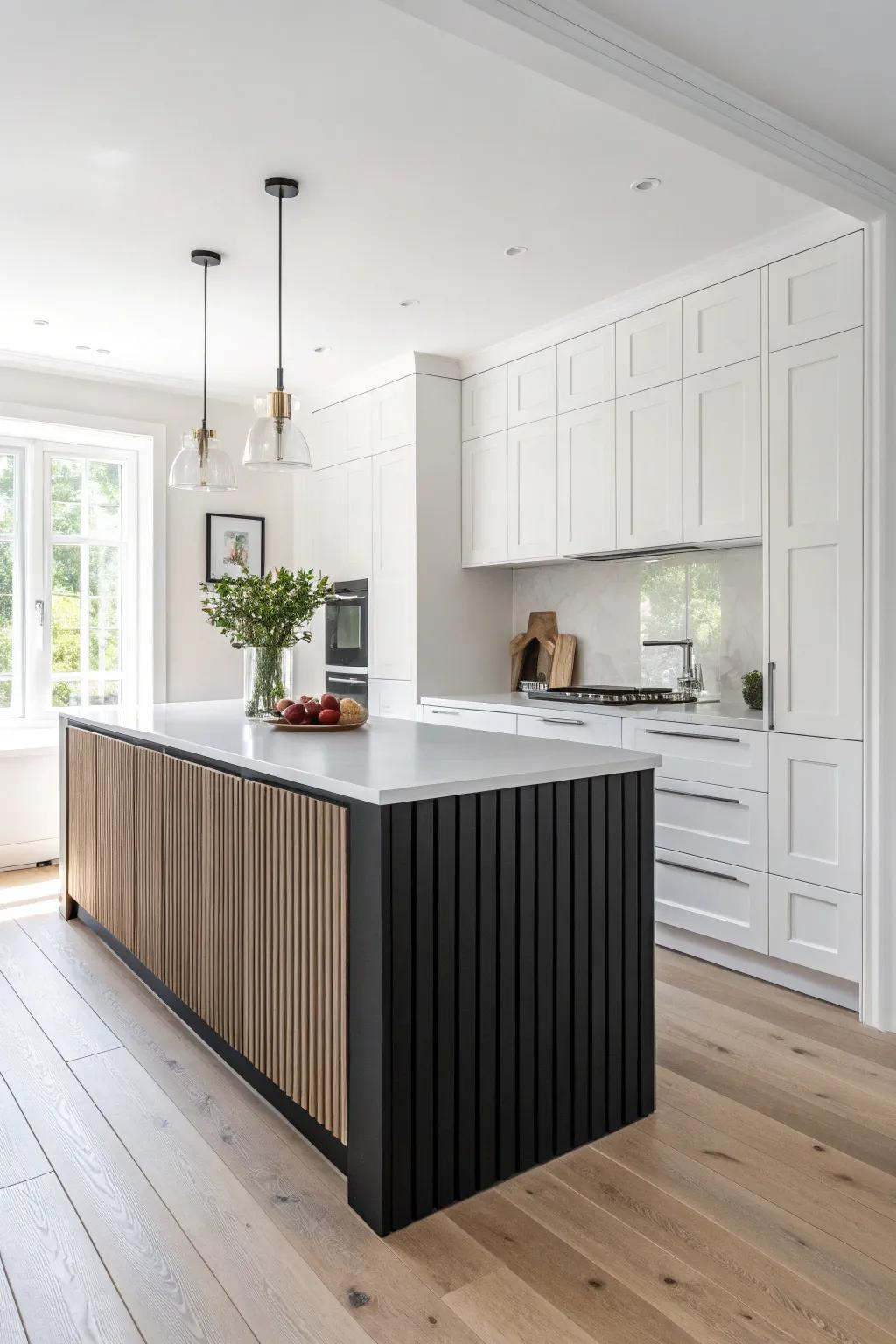 Fluted ebonized reclaimed wood makes a black island a sculptural focal point in a white kitchen.