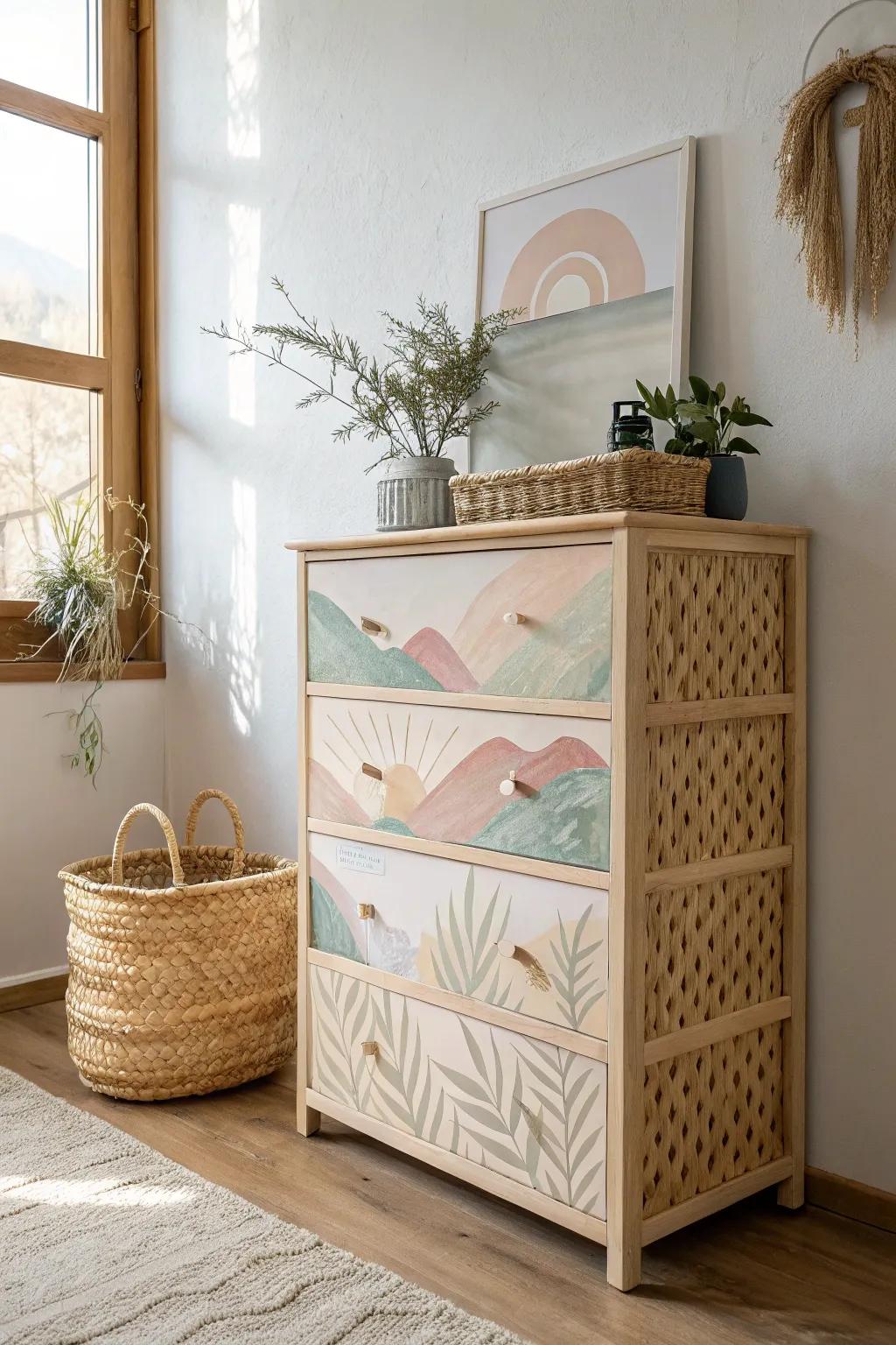 Unleash your creativity with a wicker dresser makeover that adds artistic flair to your space.